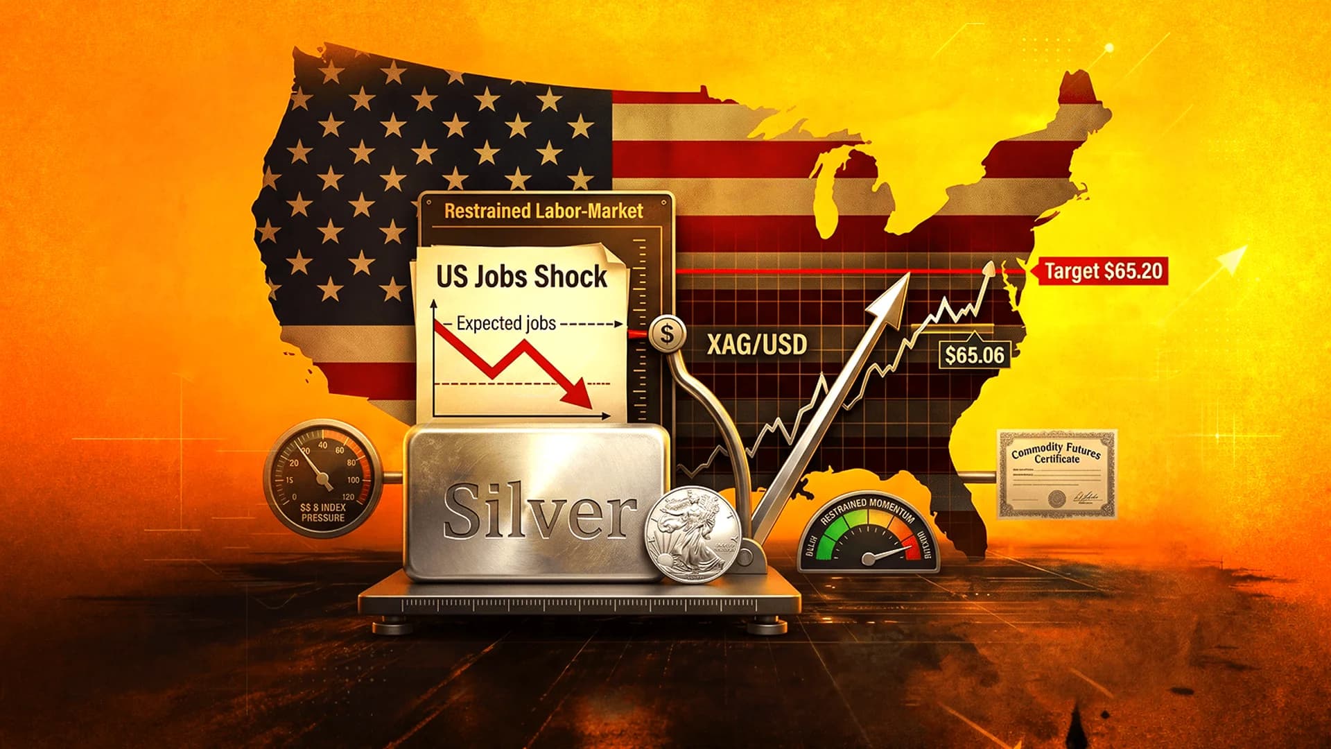 Silver bar and coin in front of a US map flag with charts showing jobs data and XAG/USD price trends.