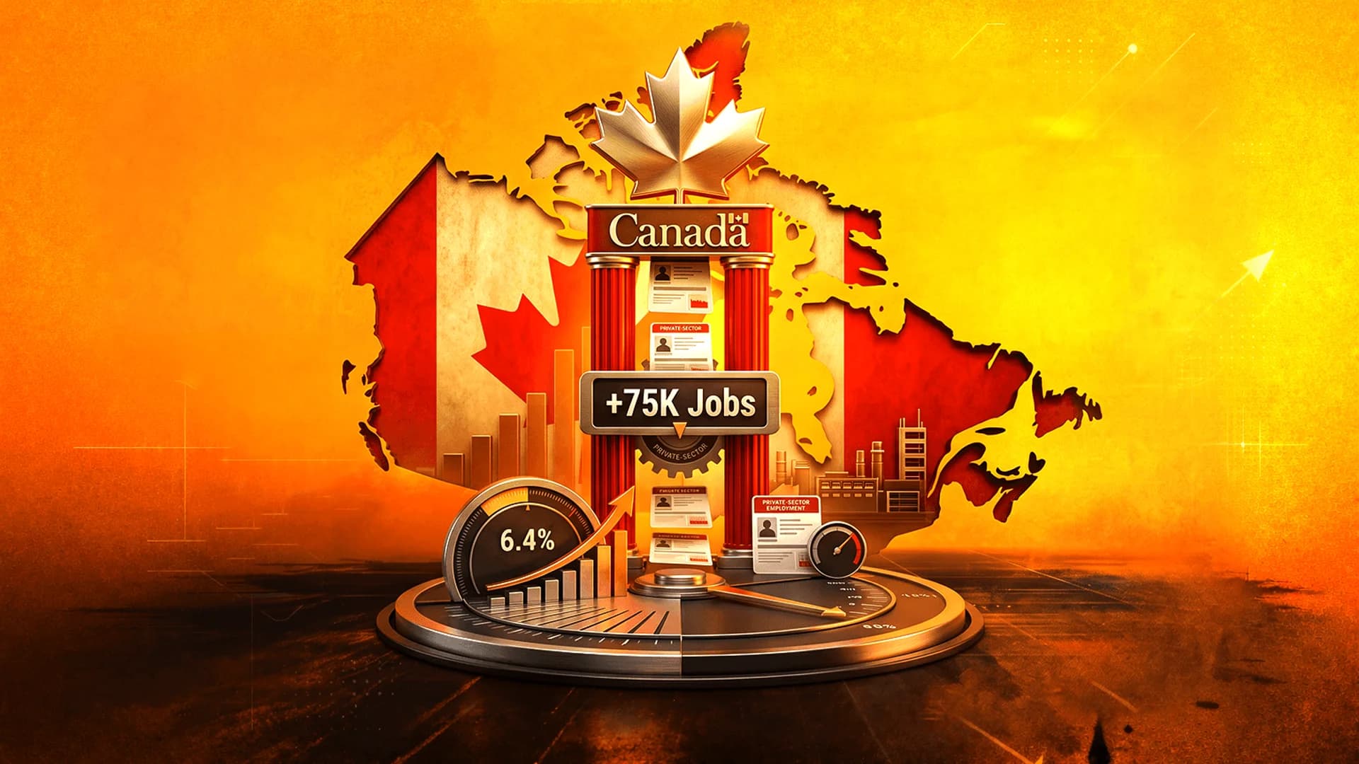3D illustration of Canada map with flag, +75K Jobs sign, and 6.4% gauge on an orange background.