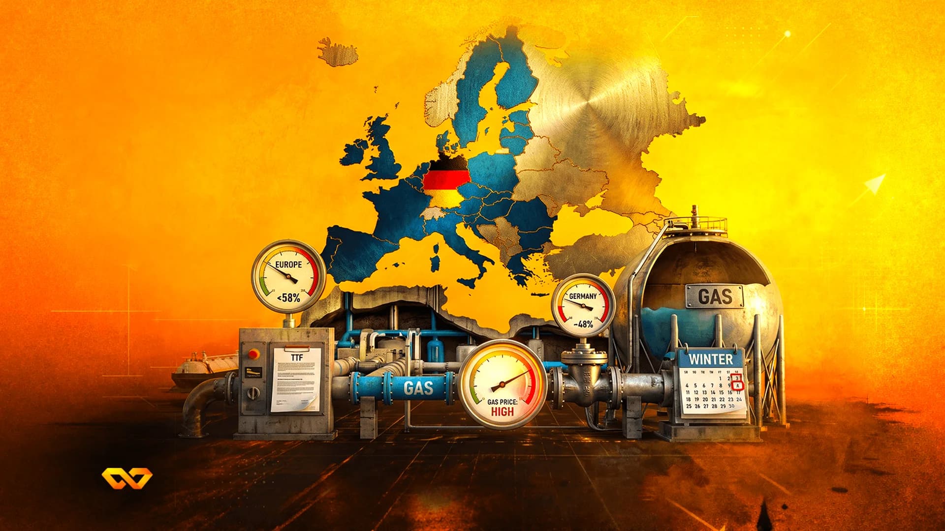 Digital illustration of gas pipes, gauges showing high prices, and a map of Europe with a German flag.