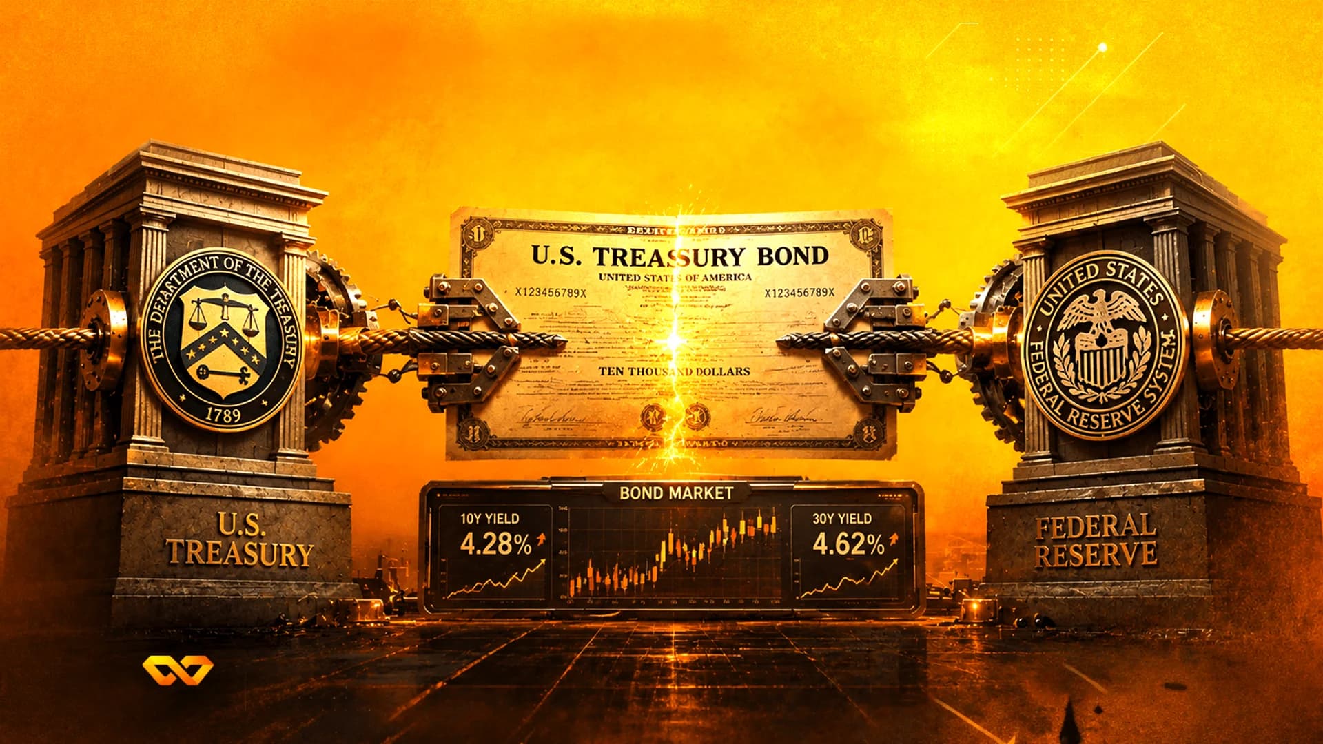 A U.S. Treasury bond pulled between mechanical pillars with Treasury and Federal Reserve seals and a yield chart.