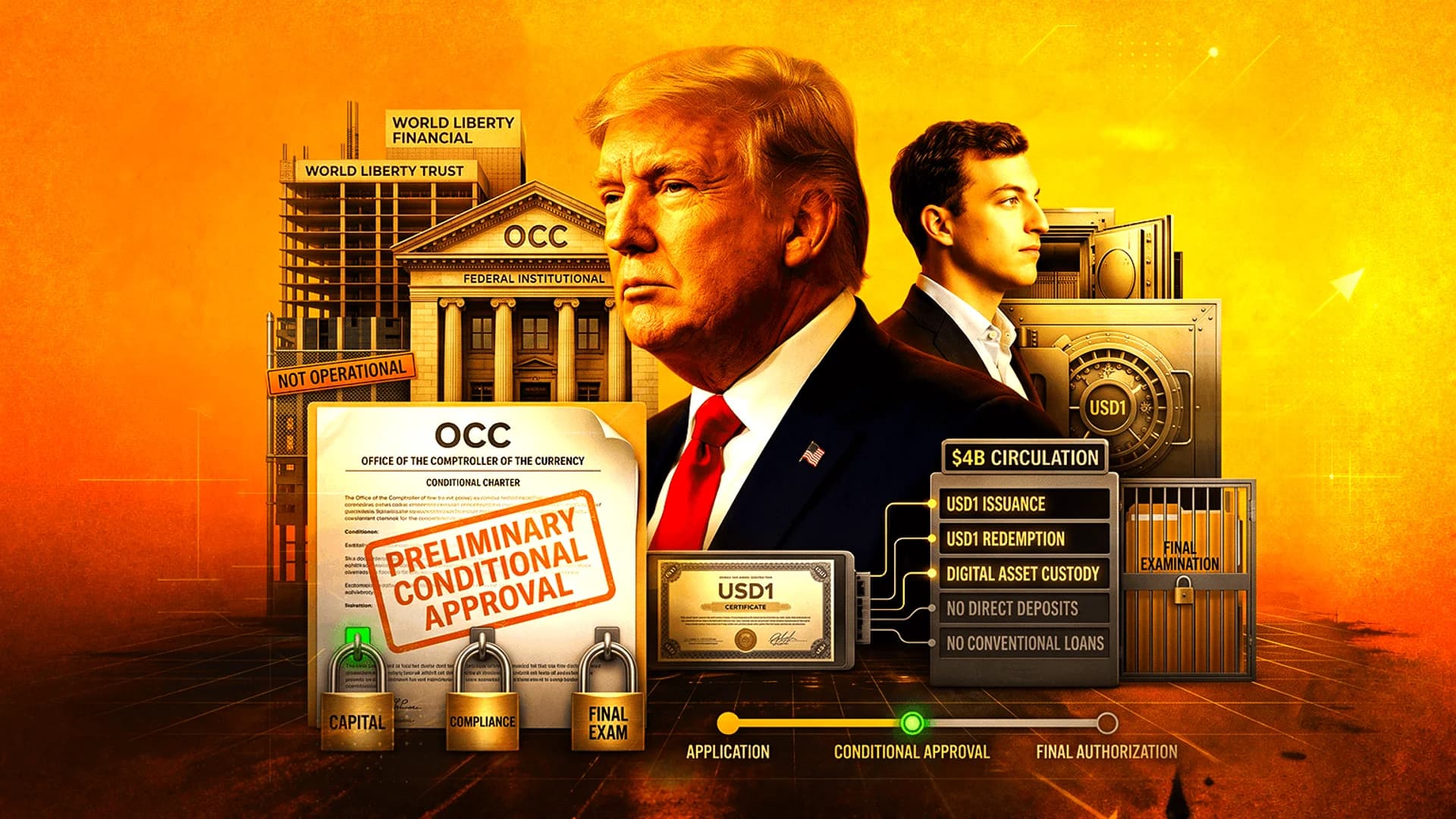 رسم توضيحي لدونالد ترامب ومستندات مالية تتعلق بشركة World Liberty Financial وموافقة مشروطة من مكتب مراقب العملة.