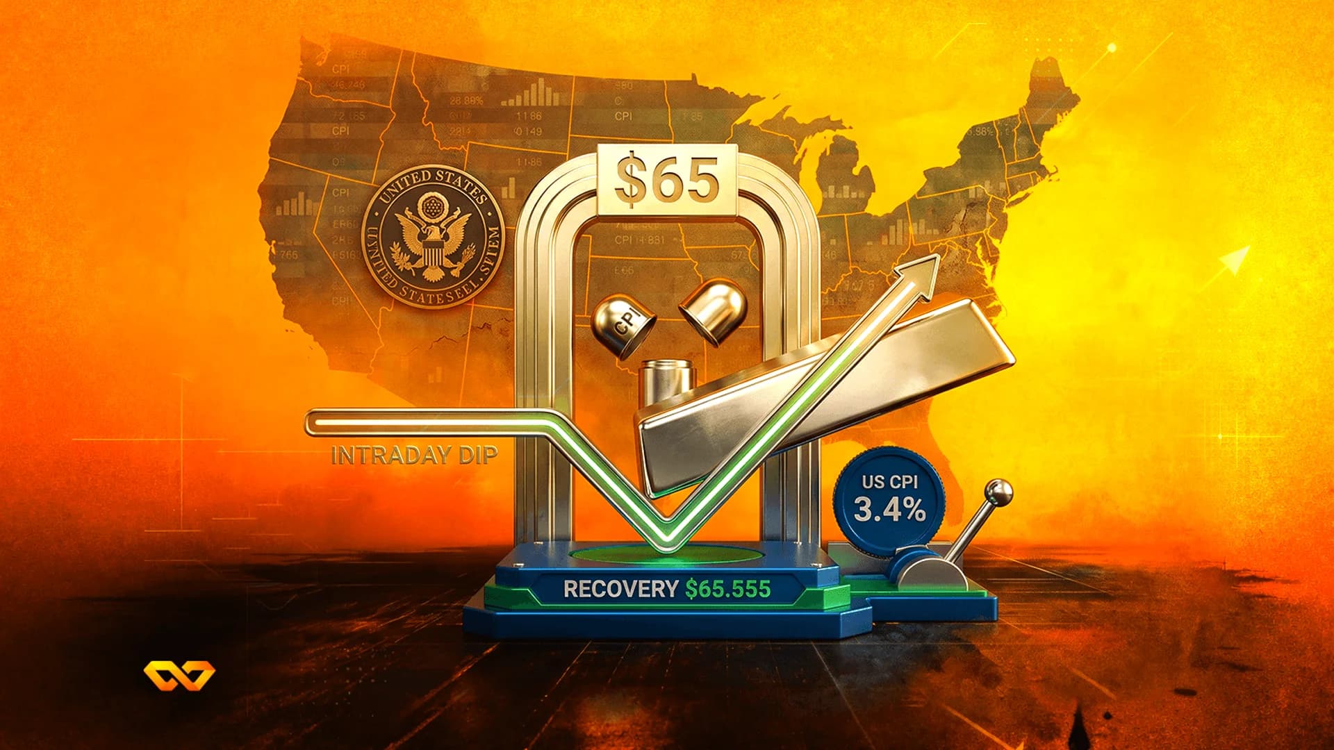 Illustration of a gold bar and a green line chart showing a price recovery over a map of the United States.