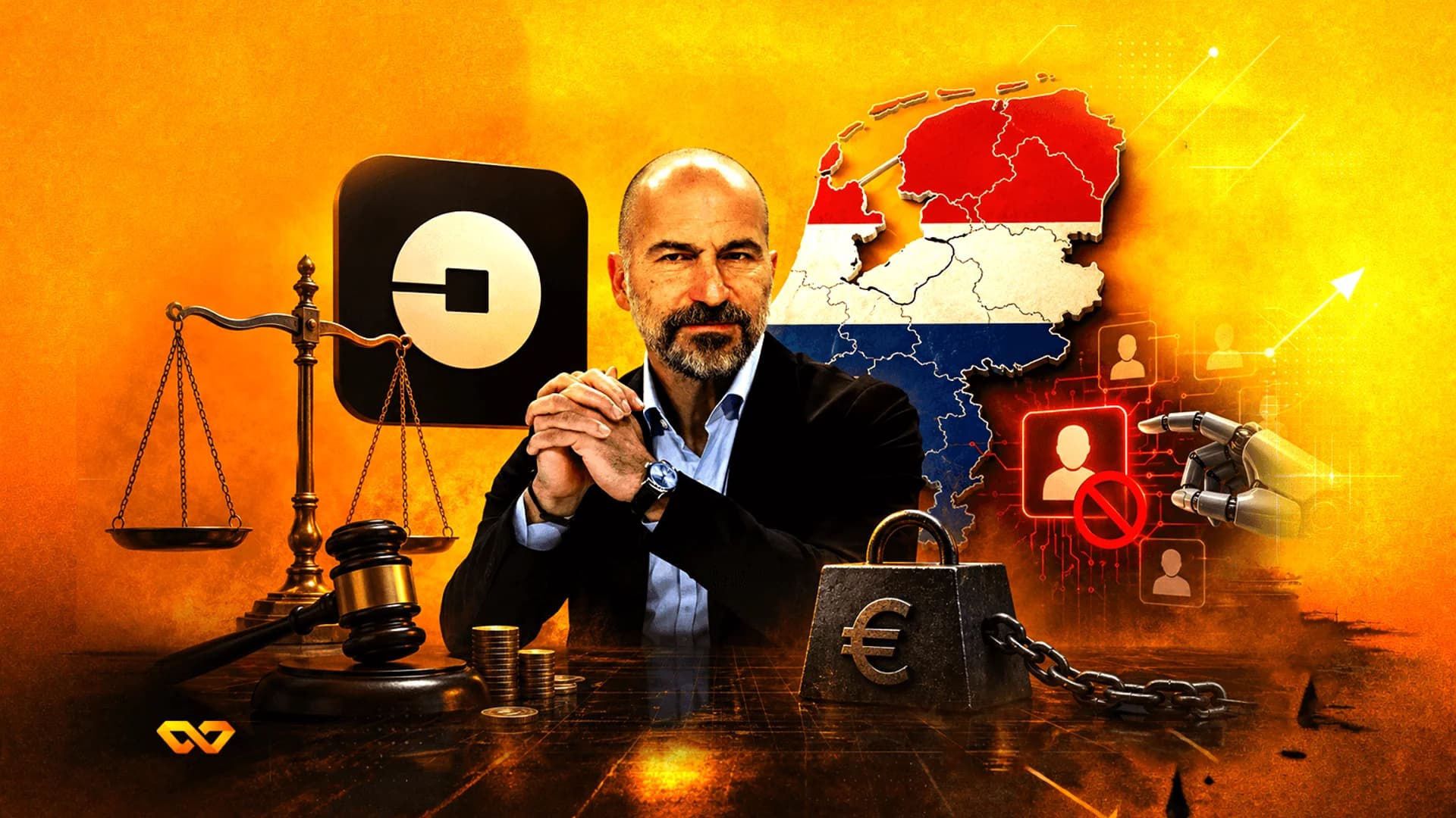 Dara Khosrowshahi with Uber logo, scales of justice, a gavel, and a map of the Netherlands on an orange background.