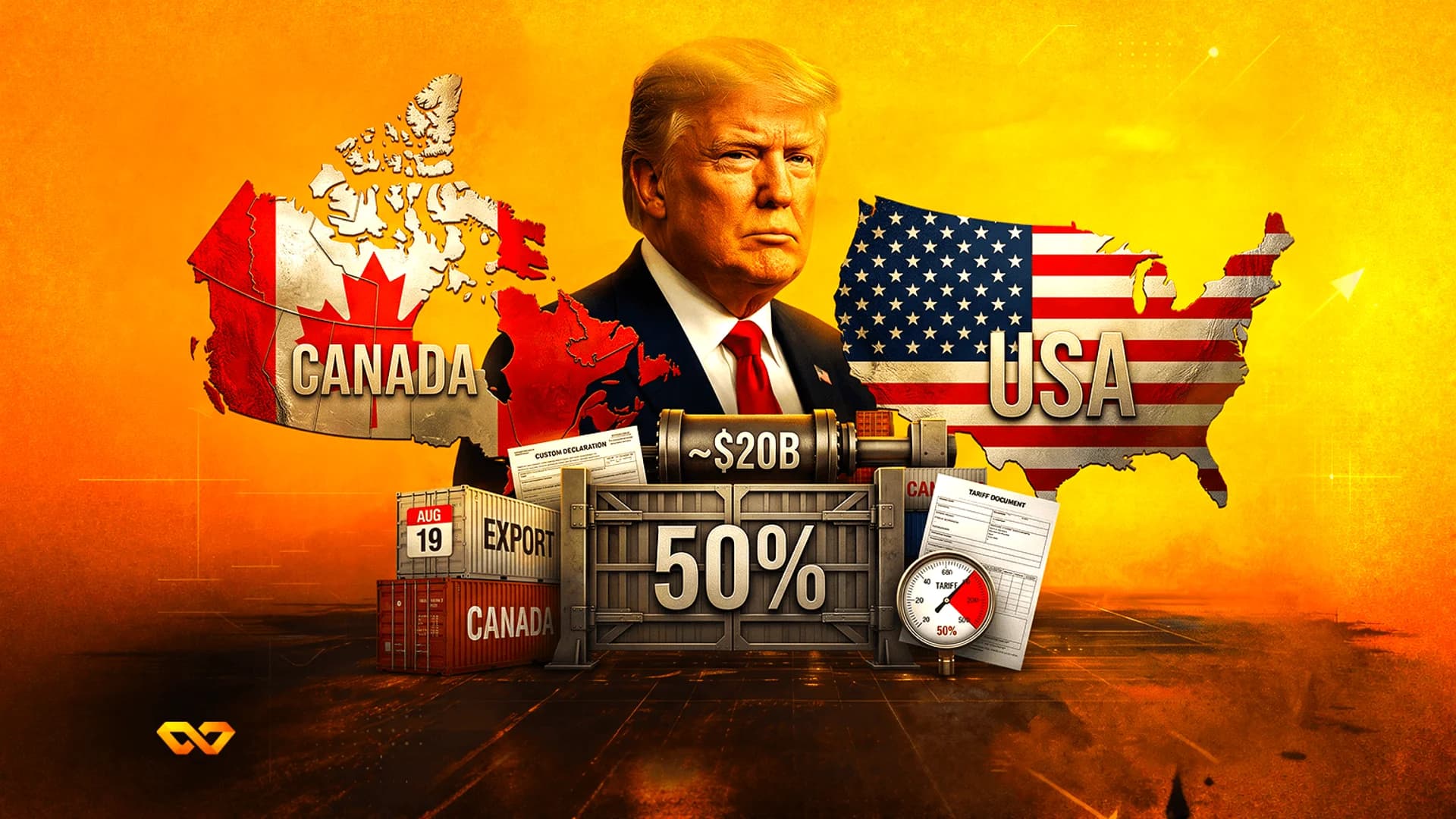 Donald Trump between maps of Canada and the USA, with shipping containers and a 50% tariff gate in the foreground.