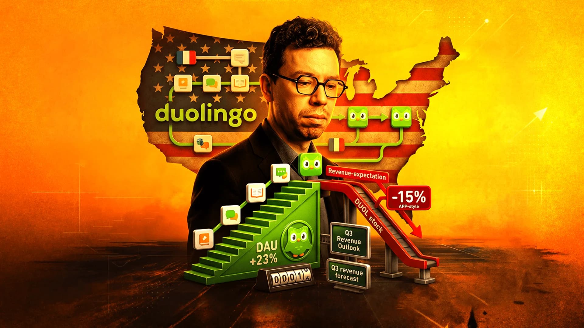 Illustration of Luis von Ahn with Duolingo branding, a green growth staircase, and a red downward stock slide.
