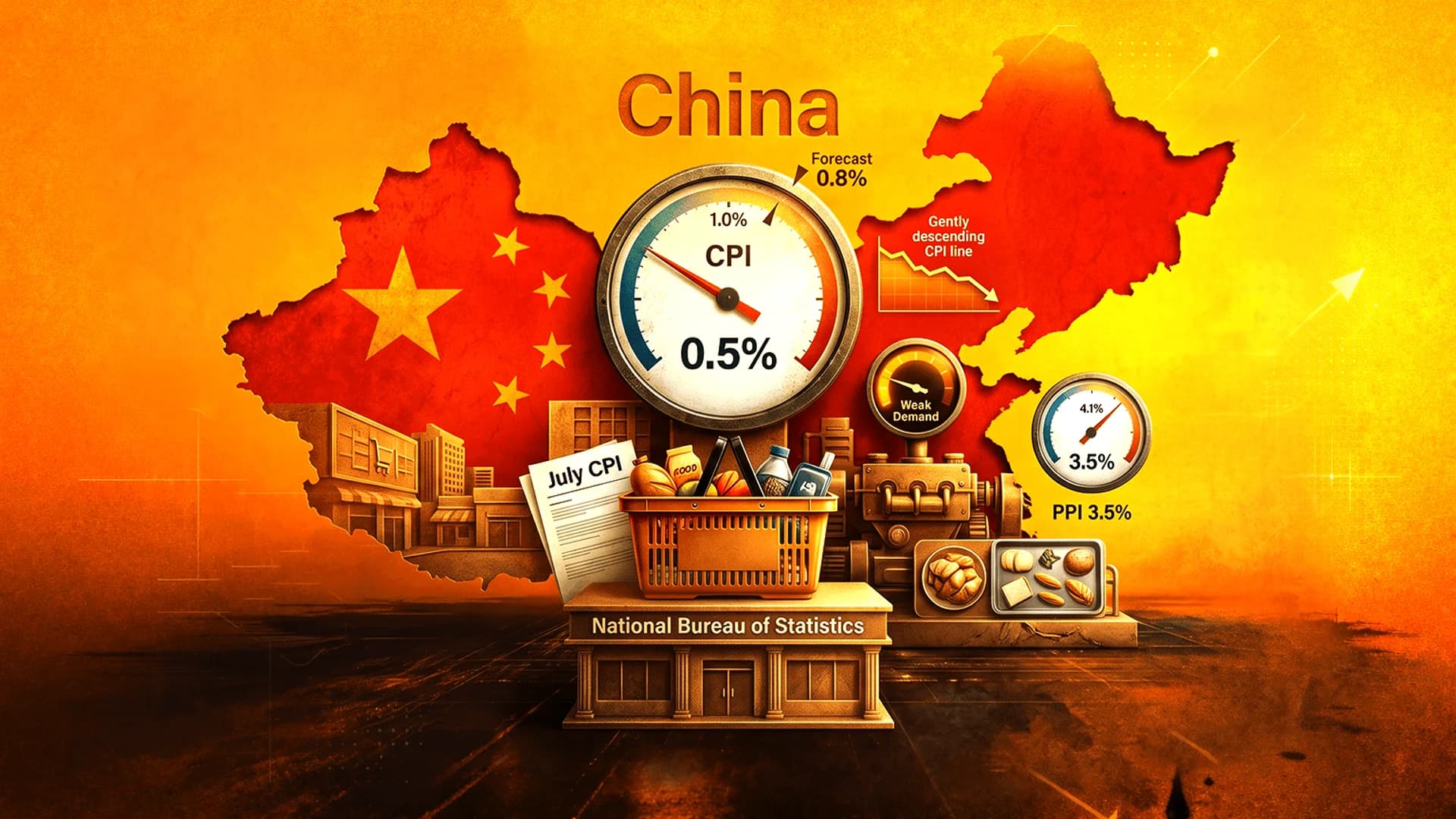 Illustration of China's map with flag, economic gauges for CPI and PPI, and a shopping basket on a golden background.