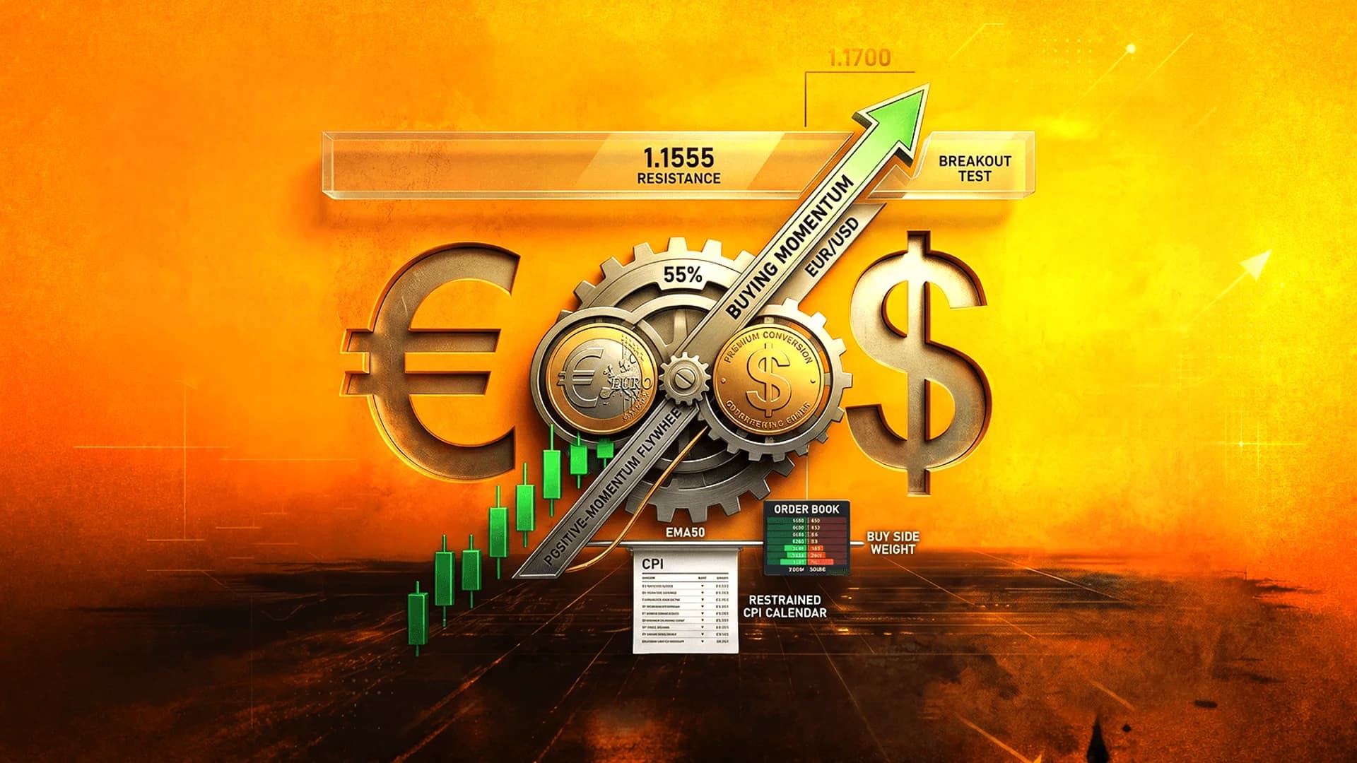 3D illustration of Euro and Dollar symbols with a gear mechanism, an upward arrow, and a green candlestick chart.