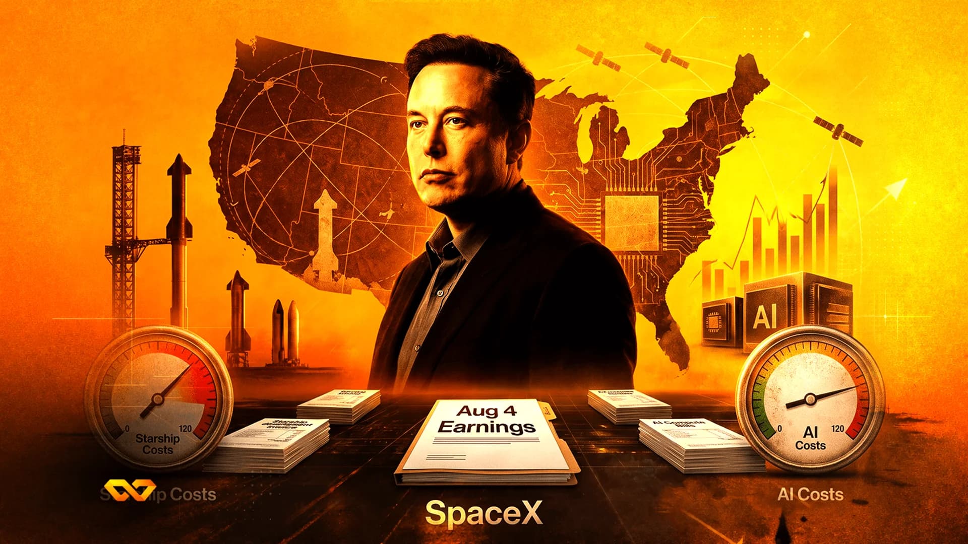 Elon Musk portrait over a map of the USA with rockets, satellites, and gauges for Starship and AI costs.