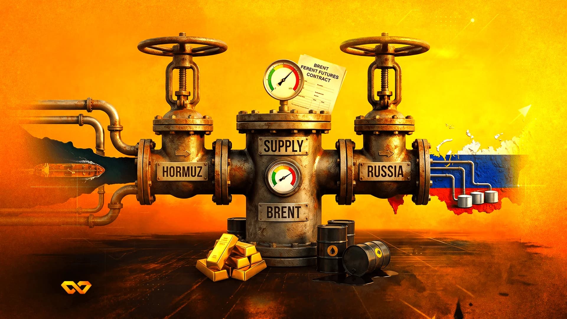 Industrial oil manifold labeled Hormuz, Supply, Brent, and Russia with gold bars and oil barrels.