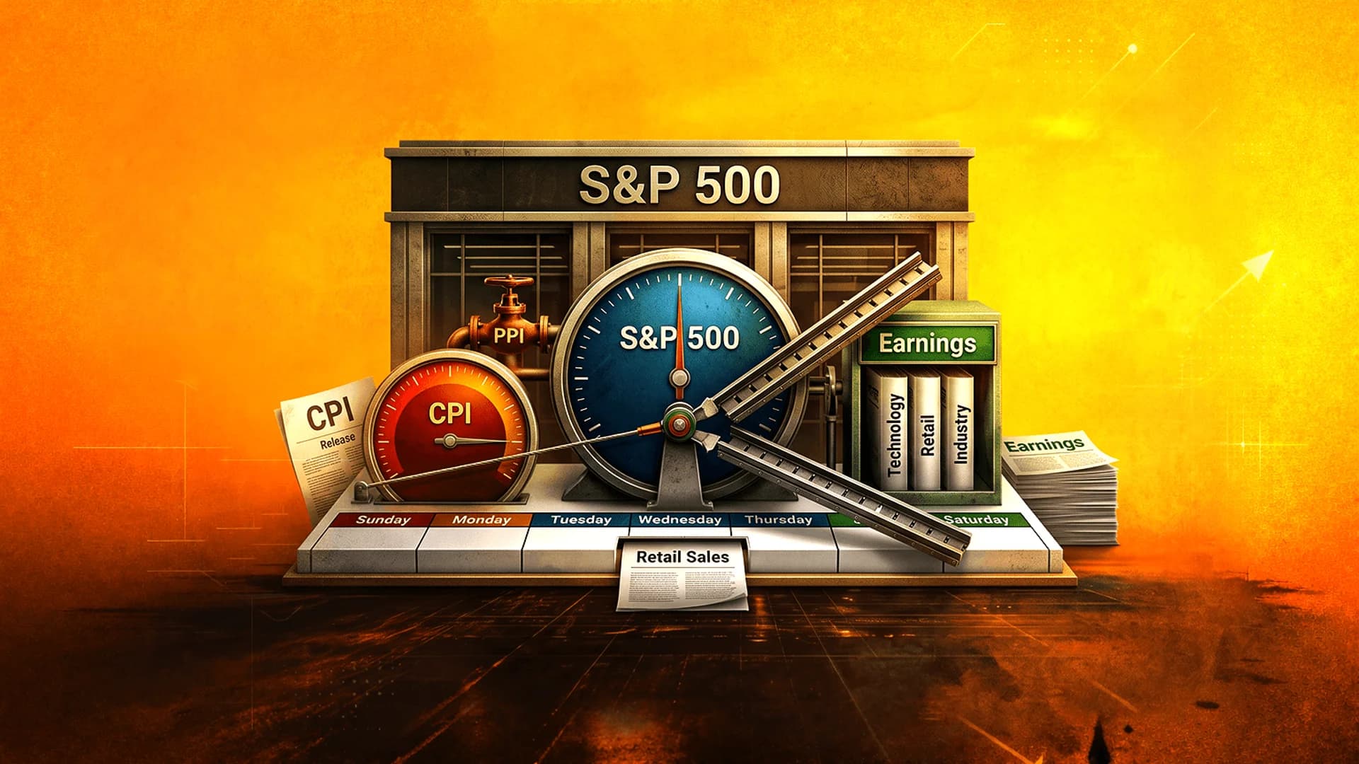 3D illustration of a mechanical structure with S&P 500 and CPI gauges, a PPI valve, and earnings folders on a calendar.