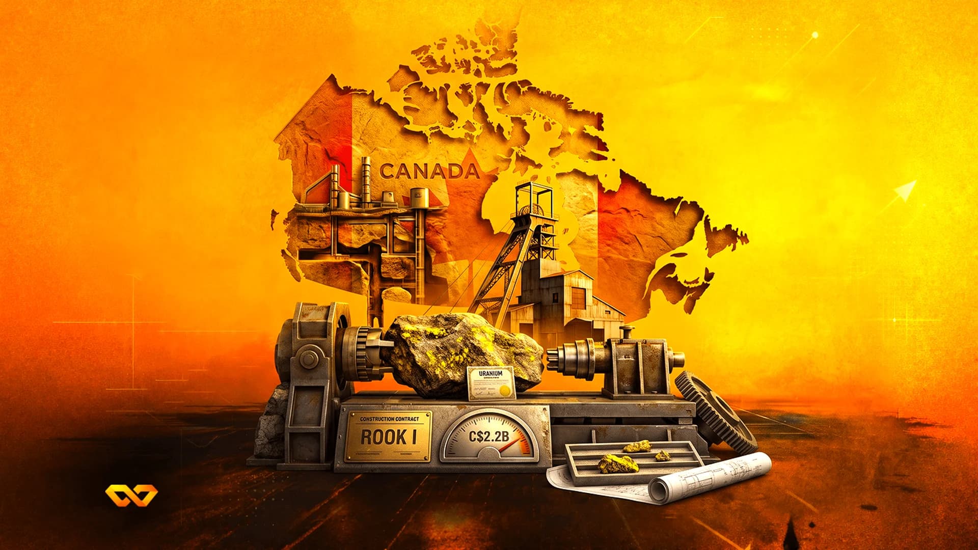 Industrial collage with a map of Canada, mining equipment, a large uranium rock, and a gauge reading C$2.2B.