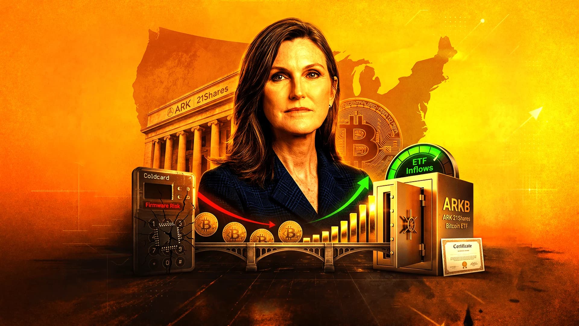 Collage featuring Cathie Wood, ARK 21Shares branding, Bitcoin coins, a vault, and a cracked hardware wallet.