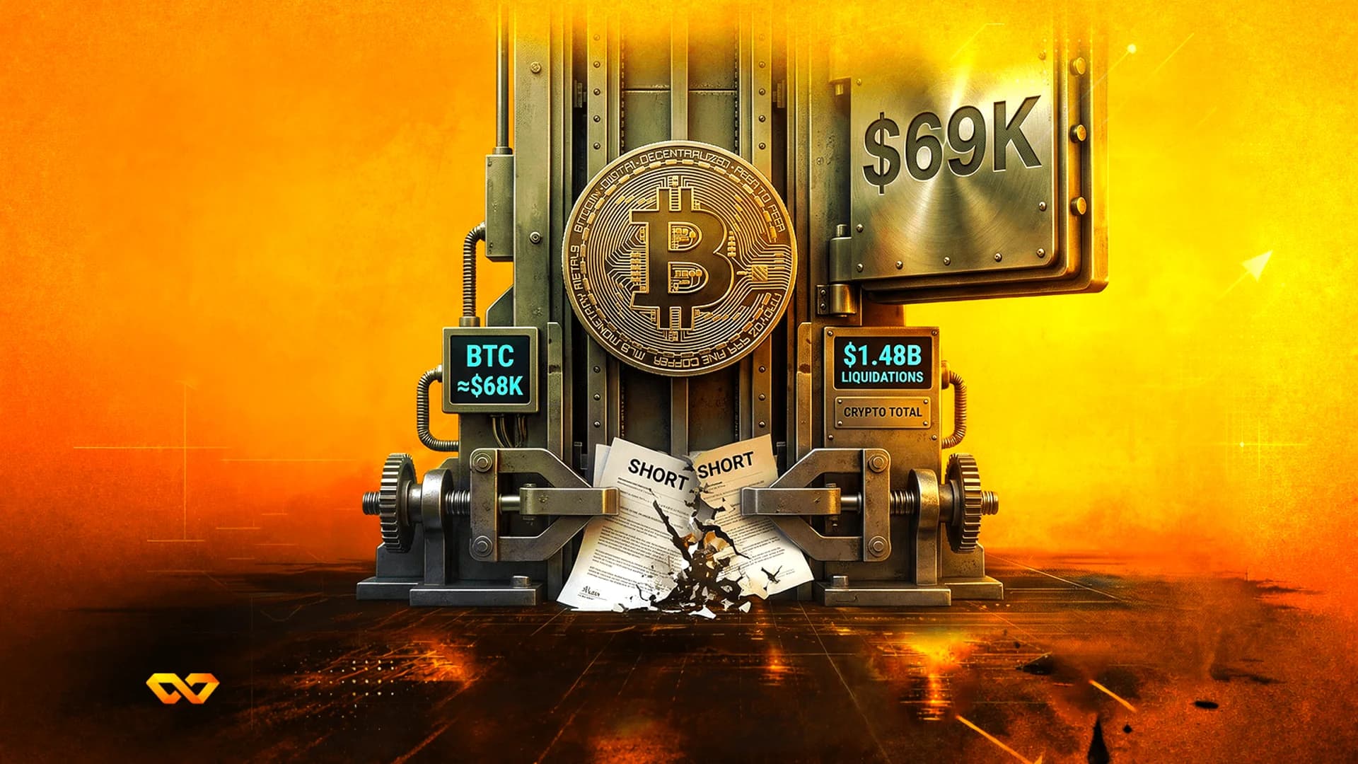 A Bitcoin coin on a mechanical press tearing a 'SHORT' document, with screens showing price and liquidation data.