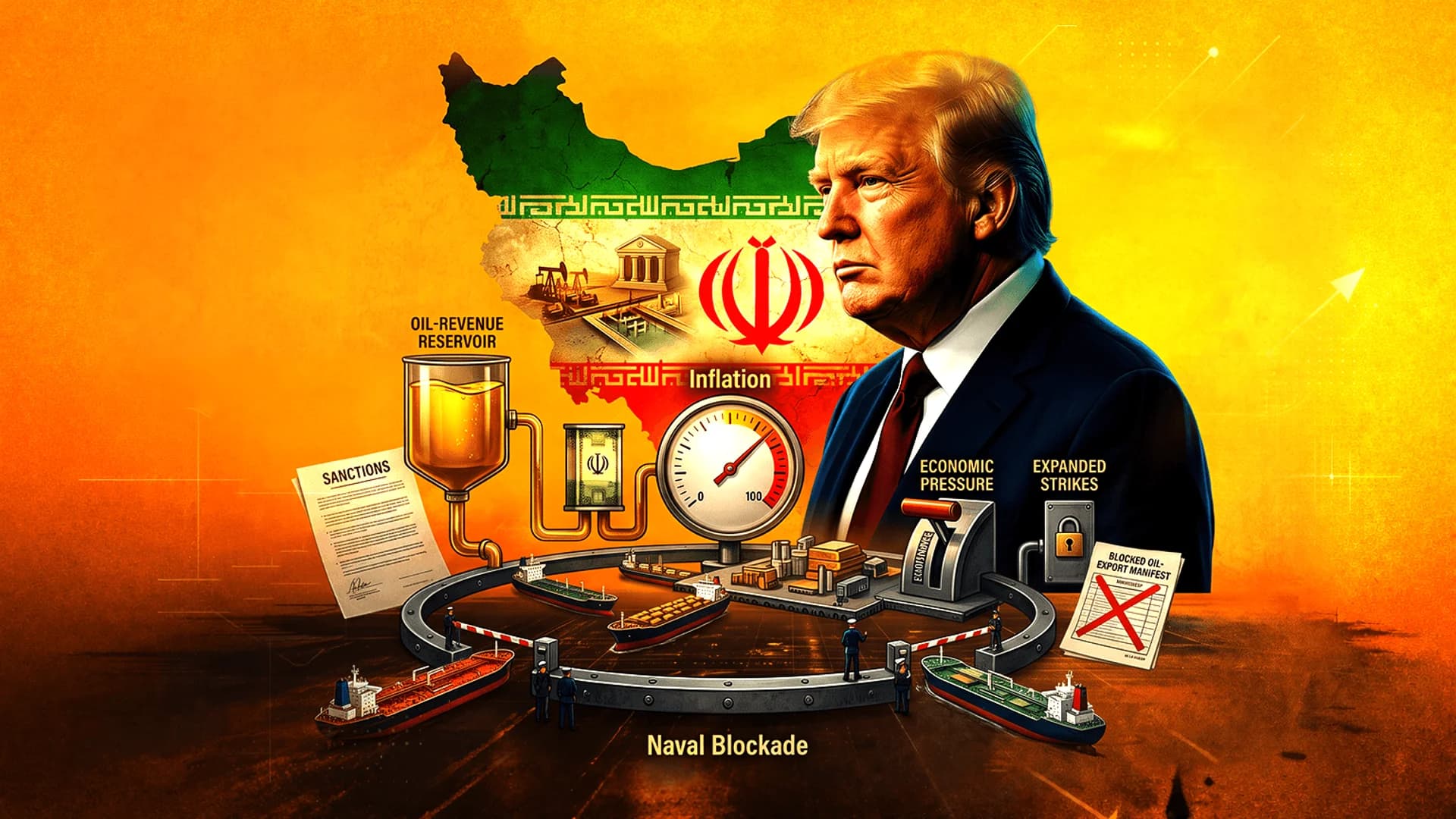 رسم توضيحي لدونالد ترامب بجانب خريطة إيران، مع رموز للعقوبات النفطية ومقاييس التضخم وحصار بحري.