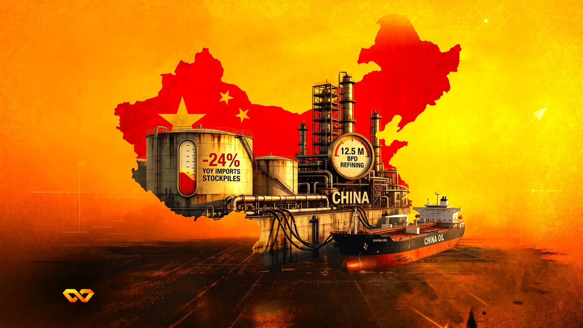 Illustration of an oil refinery and tanker ship over a map of China with the national flag.