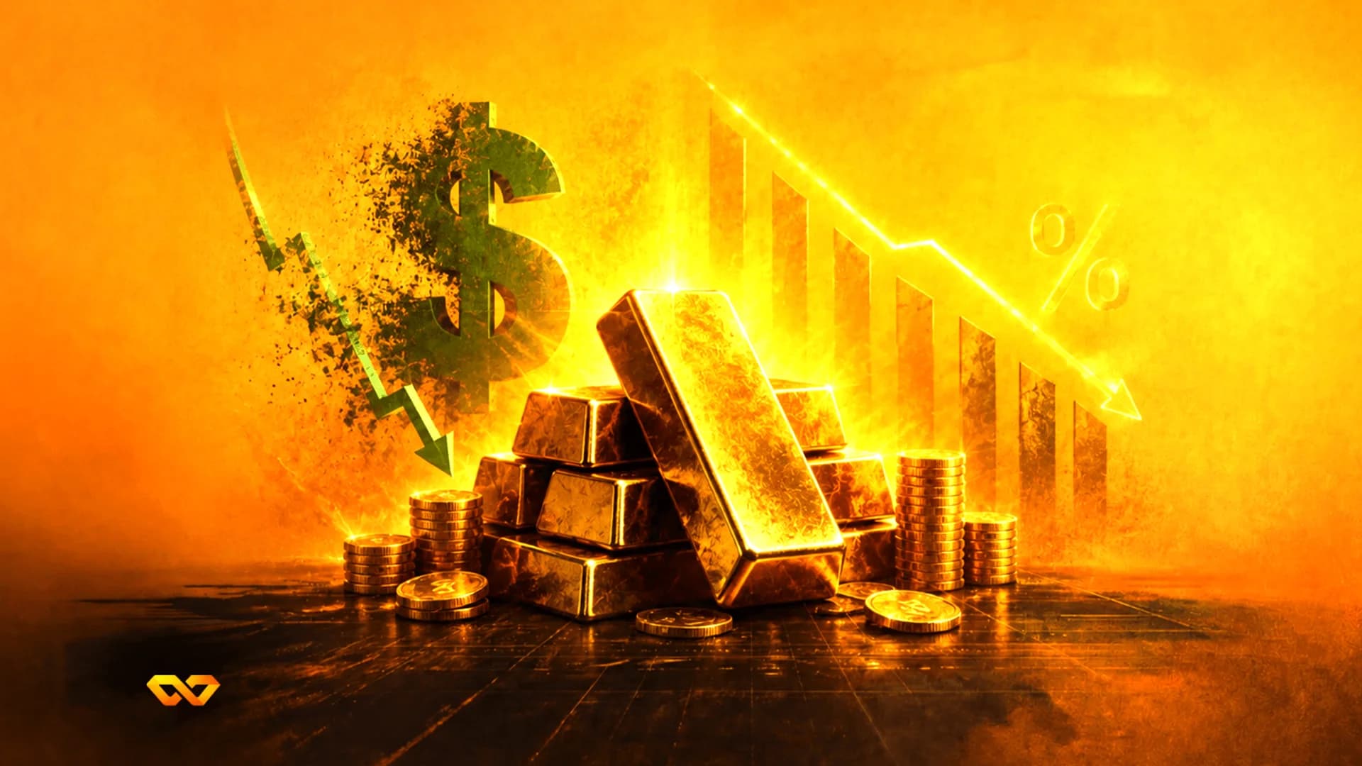 Gold bars and coins stacked before a crumbling dollar sign and a declining chart on a golden background.