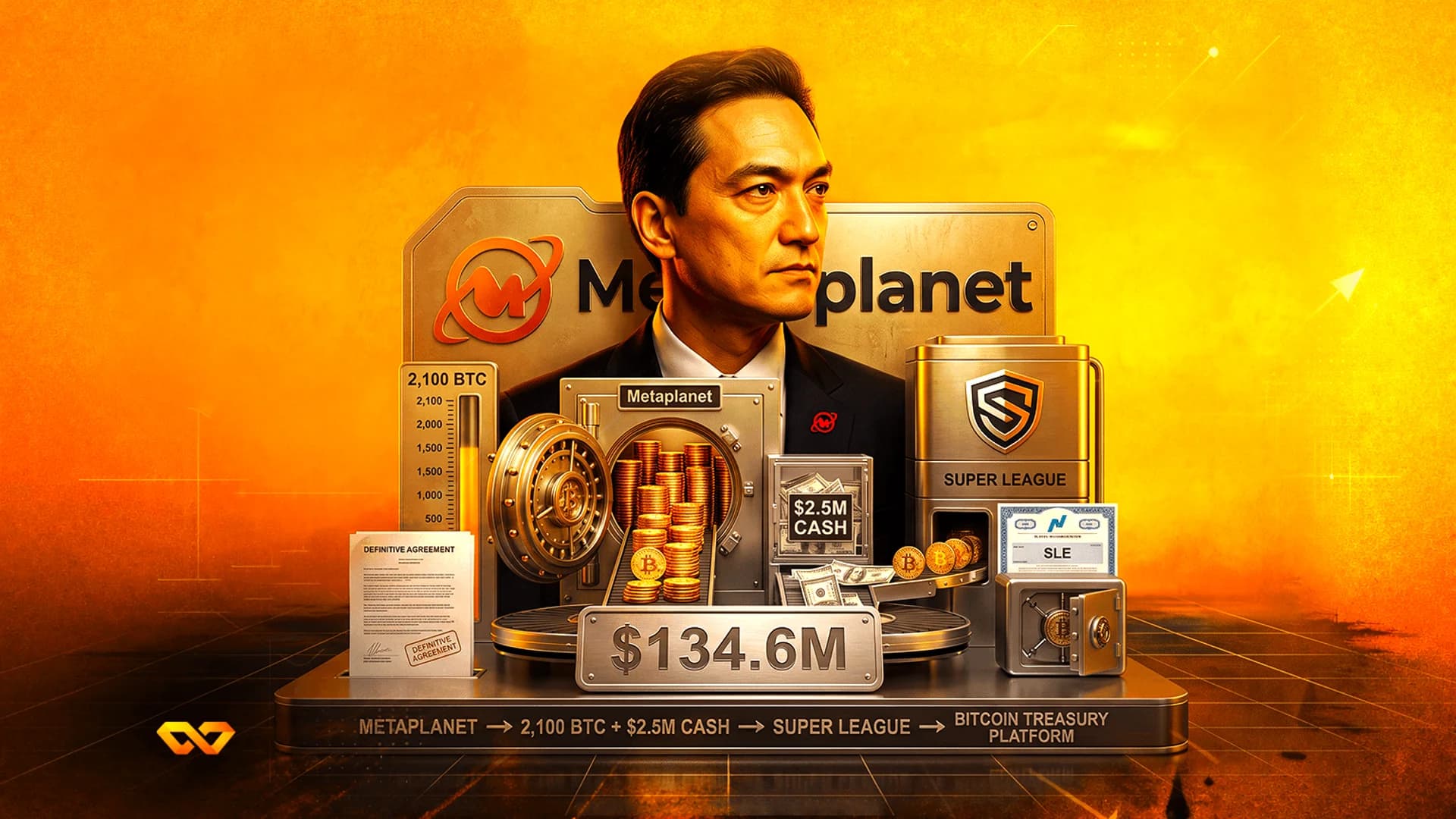 Digital illustration of a man behind a vault with Bitcoin coins, cash stacks, and Metaplanet branding on orange background.