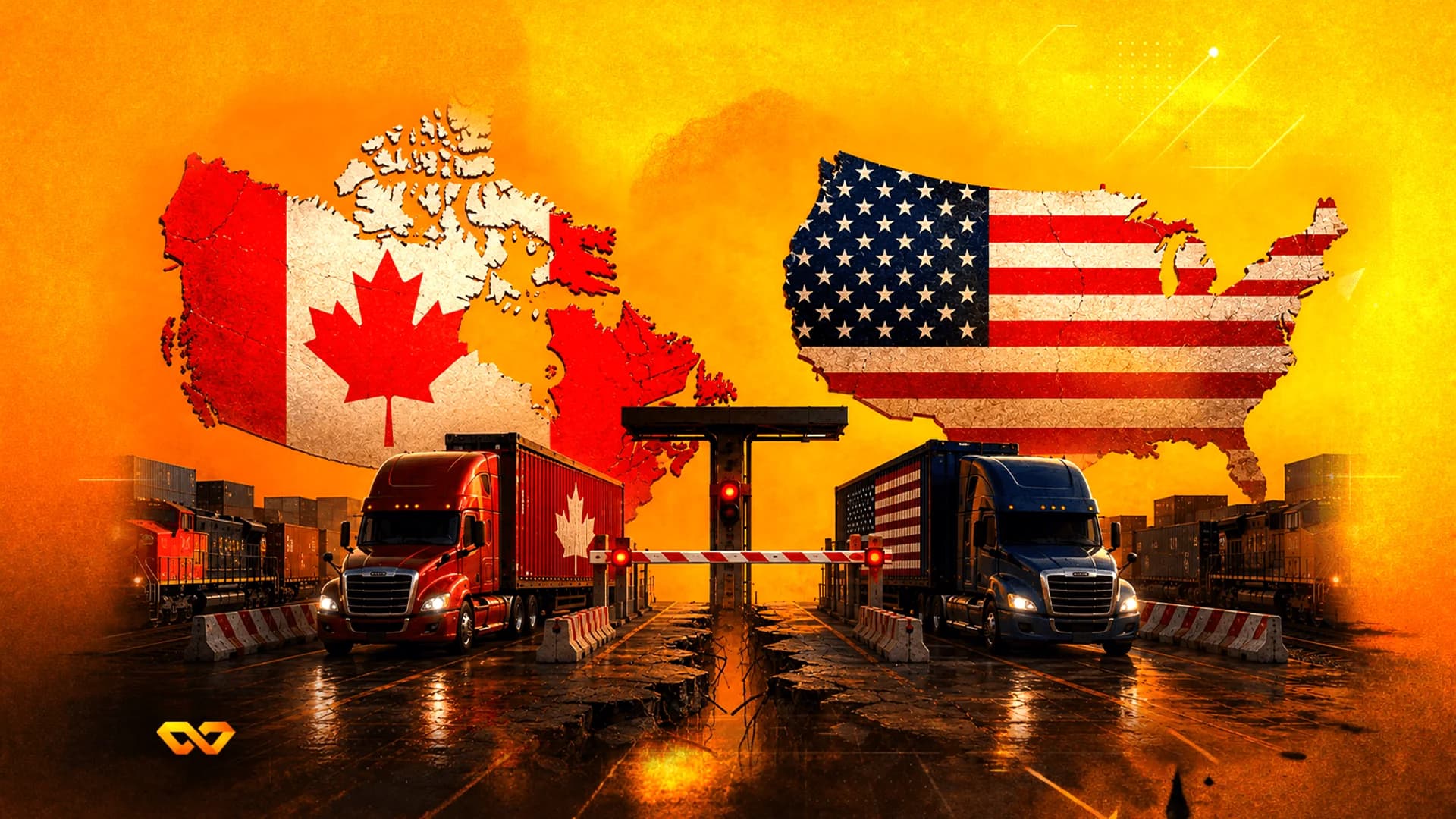 Canadian and US trucks at a border crossing with national maps and flags in an orange-toned illustration.