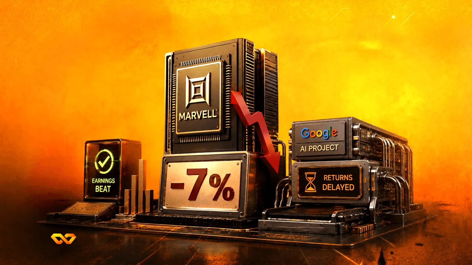 3D industrial scene with Marvell and Google logos, a red downward arrow, and a digital display showing -7%.