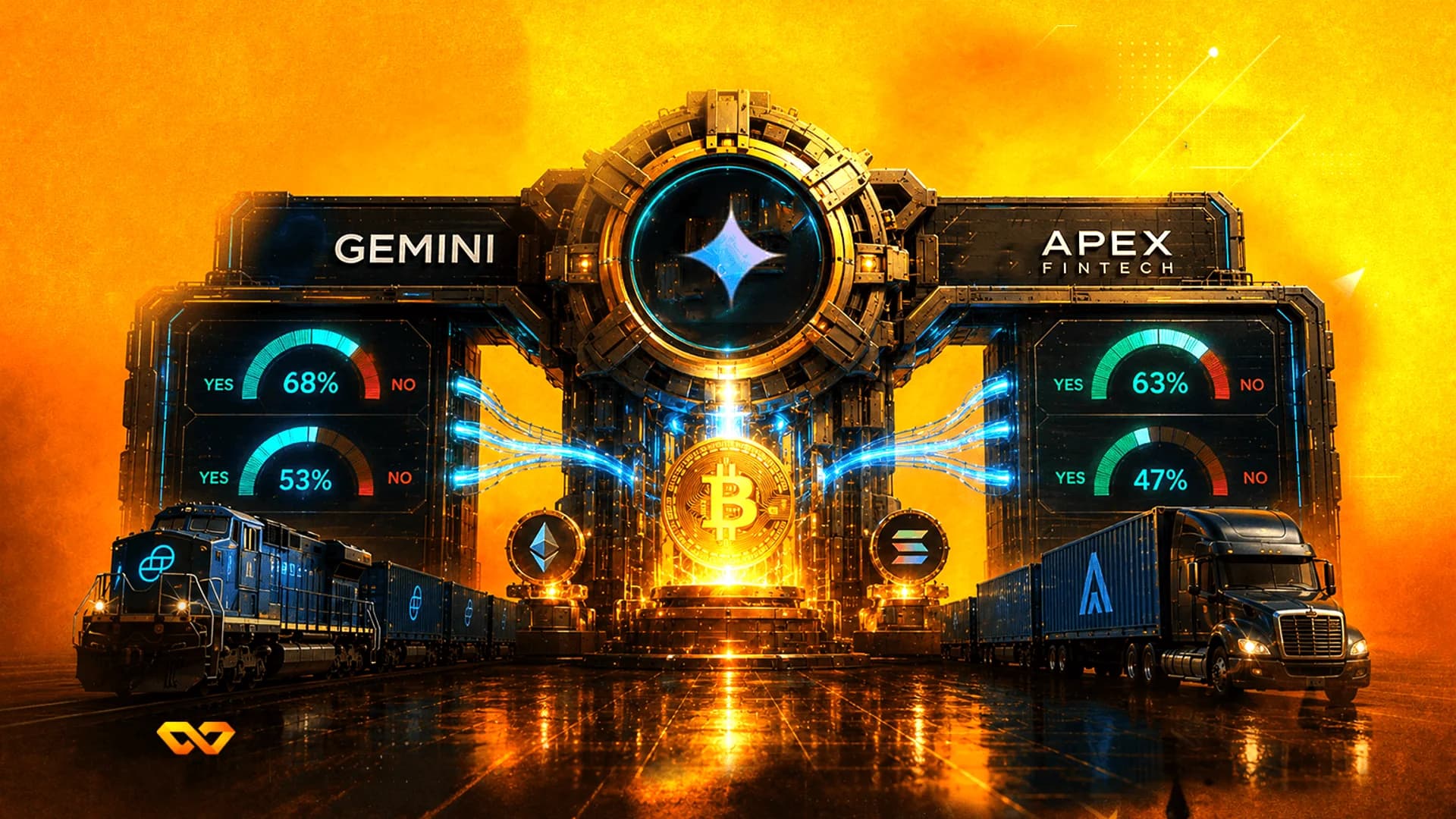 Futuristic portal with Gemini and Apex Fintech logos, featuring Bitcoin, Ethereum, and Solana symbols and data gauges.