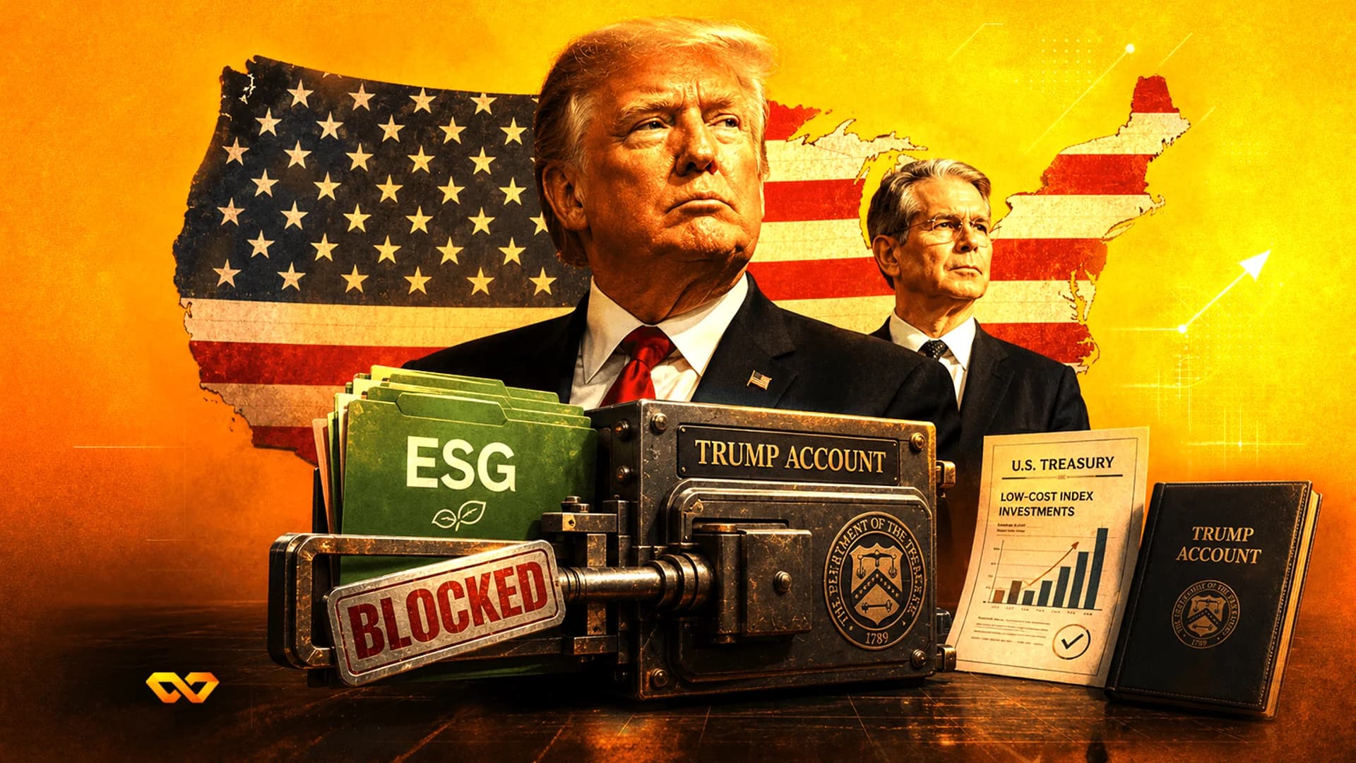 Donald Trump portrait with a safe labeled 'Trump Account' and an 'ESG' folder stamped 'Blocked' over a US flag map.