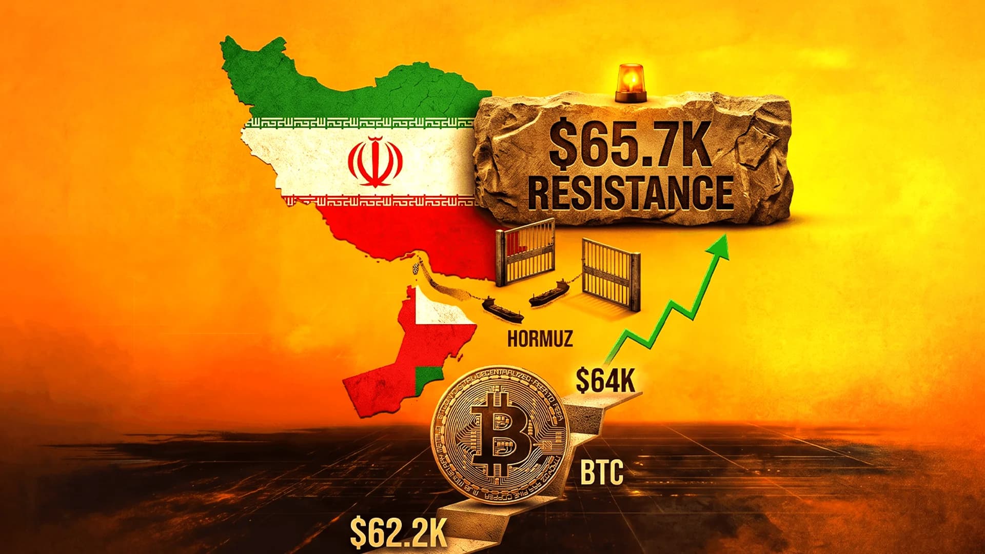 عملة بيتكوين على درجات بجانب خريطة لإيران وصخرة مكتوب عليها مقاومة 65.7 ألف دولار مع سهم أخضر.