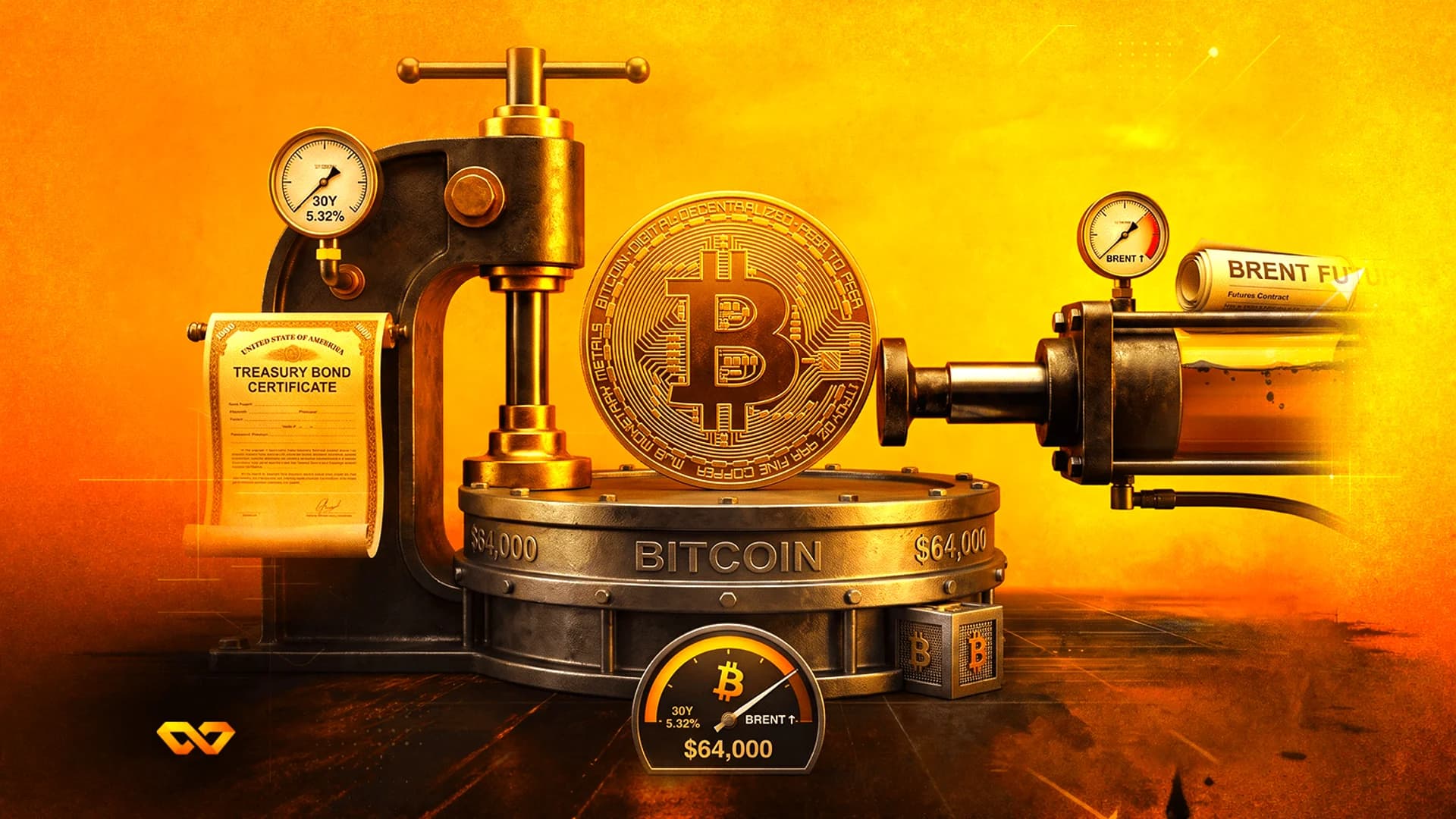 A Bitcoin coin in a mechanical press between a treasury bond certificate and a Brent futures cylinder.