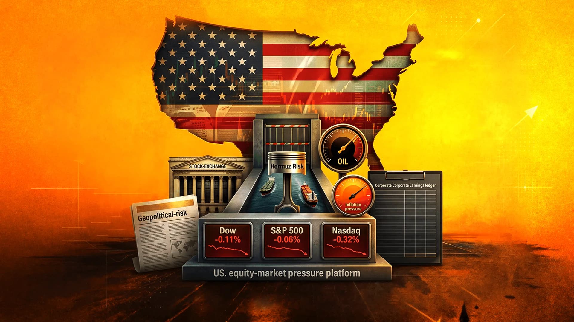 Illustration of a US map flag over a platform with stock index displays, oil gauges, and a geopolitical risk newspaper.