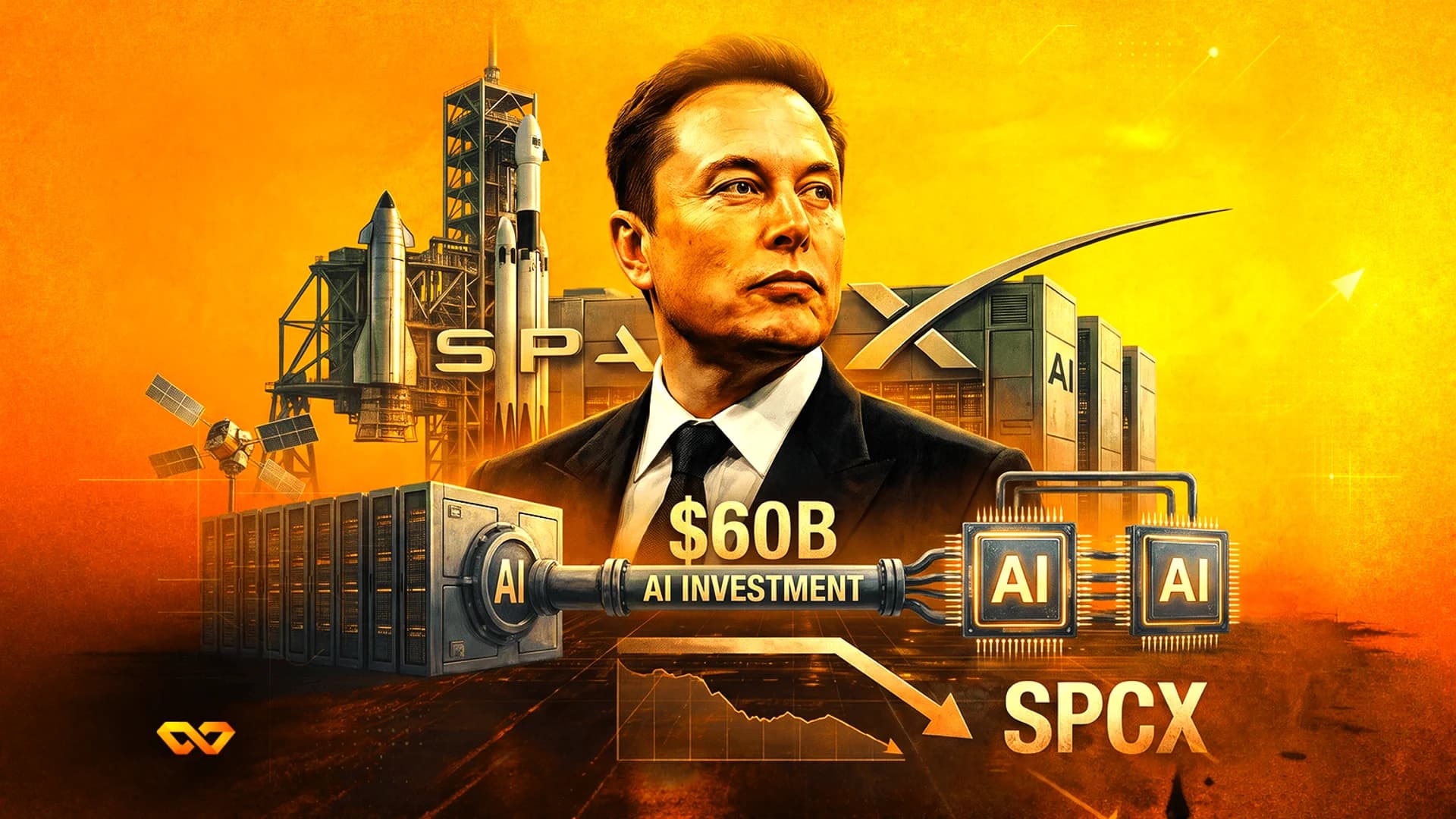 Illustration of Elon Musk with SpaceX rockets, AI chips, and a downward stock chart on an orange background.