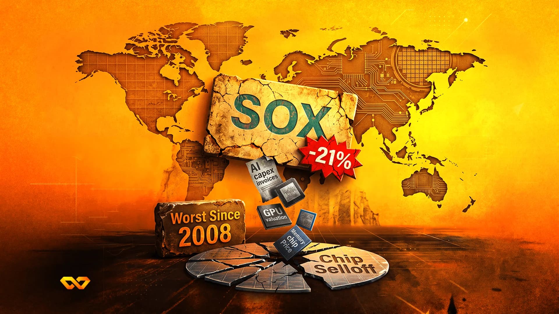 فن رقمي لخلفية خريطة العالم مع كتلة حجرية مكتوب عليها SOX، ونجمة حمراء بنسبة -21%، وأيقونات رقائق متساقطة.