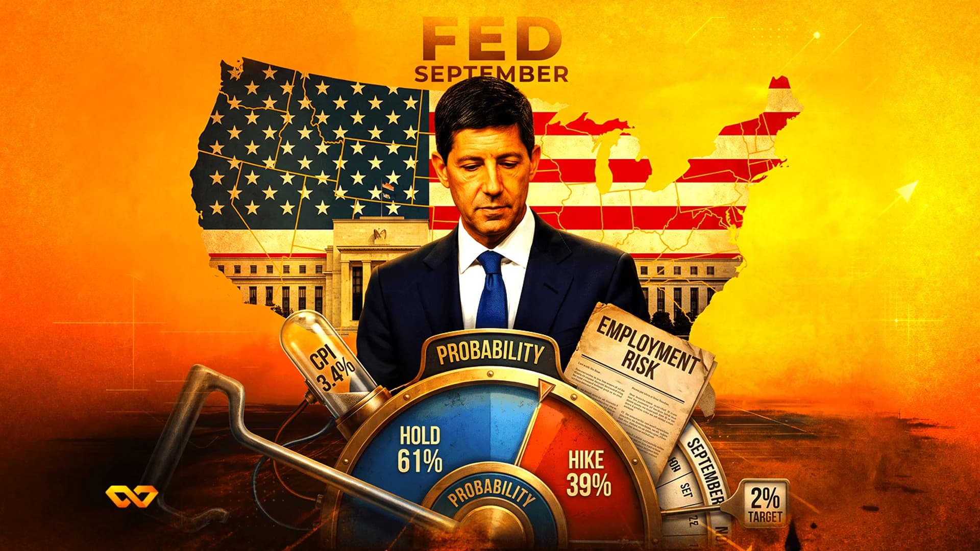 Illustration of a man in a suit with a US flag map background, featuring a dial showing interest rate probabilities.