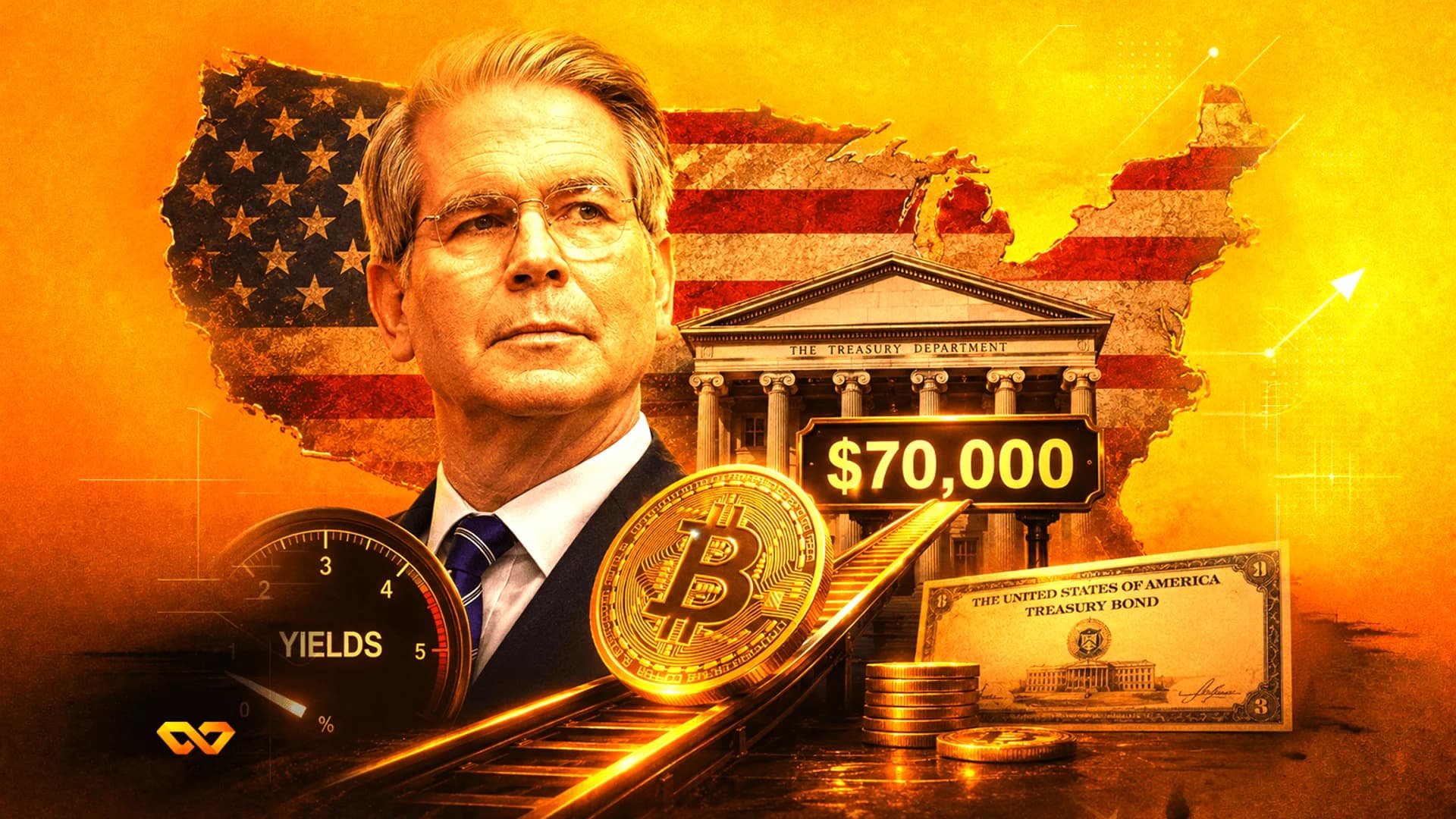 Collage of a man, Bitcoin coin on tracks, US Treasury building, and a $70,000 sign against a US flag map background.