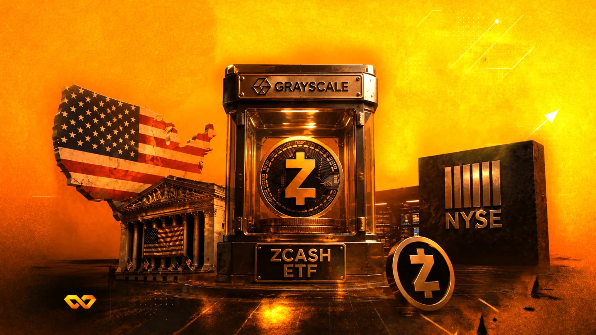 A Zcash coin inside a Grayscale display case labeled ZCASH ETF, next to the NYSE logo and a US map flag.