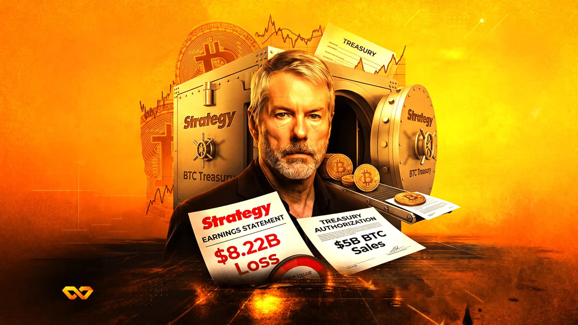 Portrait of Michael Saylor in front of a vault with Bitcoin coins and documents showing an $8.22 billion loss.