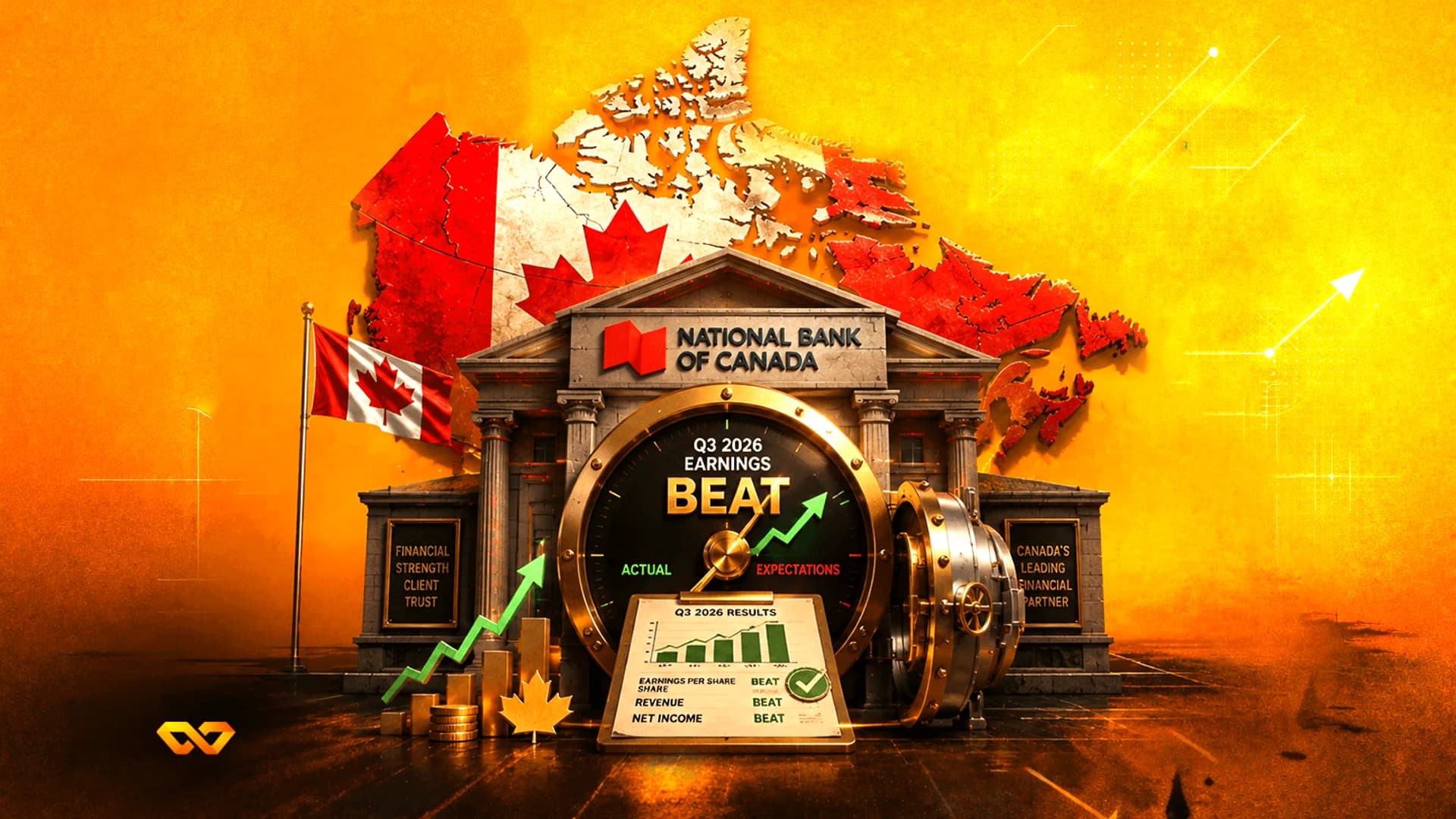 National Bank of Canada building illustration with a map of Canada, earnings gauge, and gold coins.