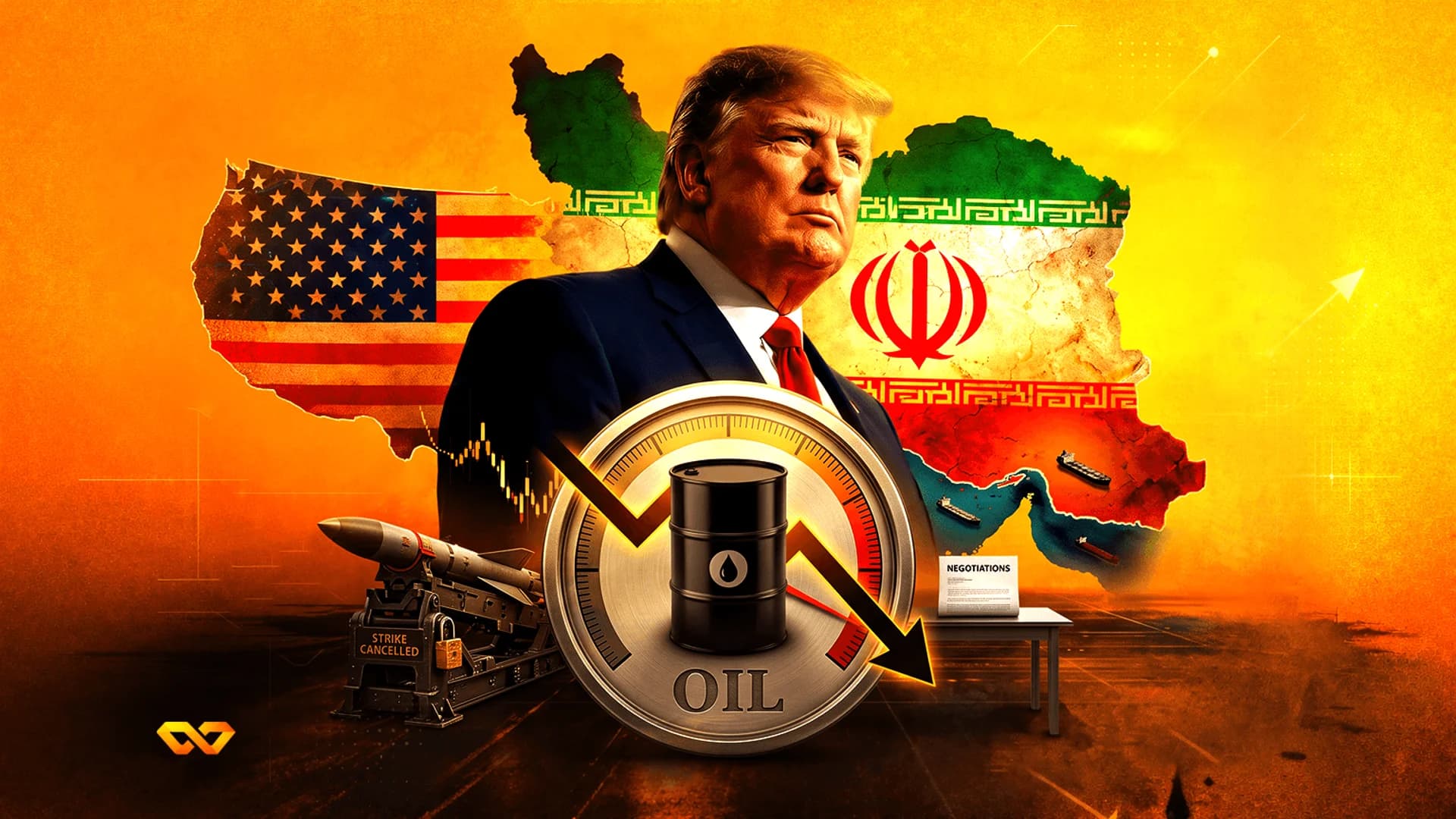 صورة لدونالد ترامب مع علمي أمريكا وإيران، أيقونة برميل نفط، سهم هابط، ومنصة إطلاق صواريخ.