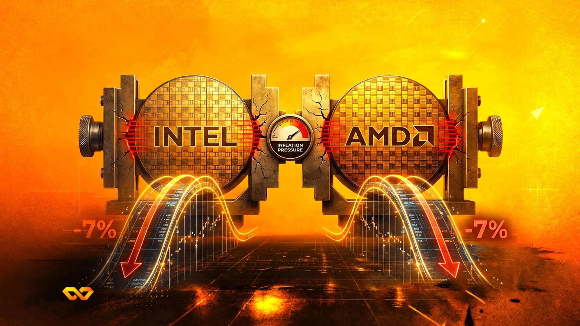 Intel and AMD logos on silicon wafers being squeezed by a press with an inflation gauge and red downward arrows.