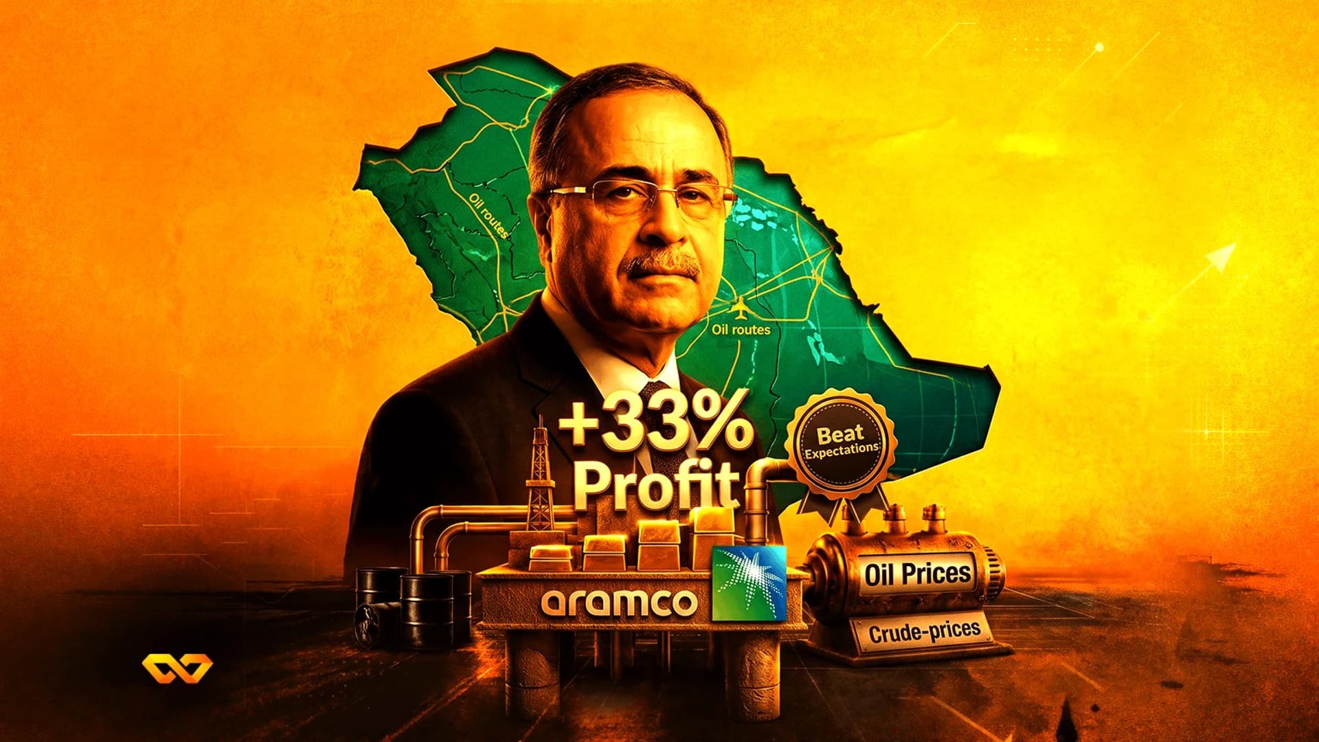 صورة لرجل أمام خريطة السعودية مع منصة نفط وشعار أرامكو ونص "+33% ربح".