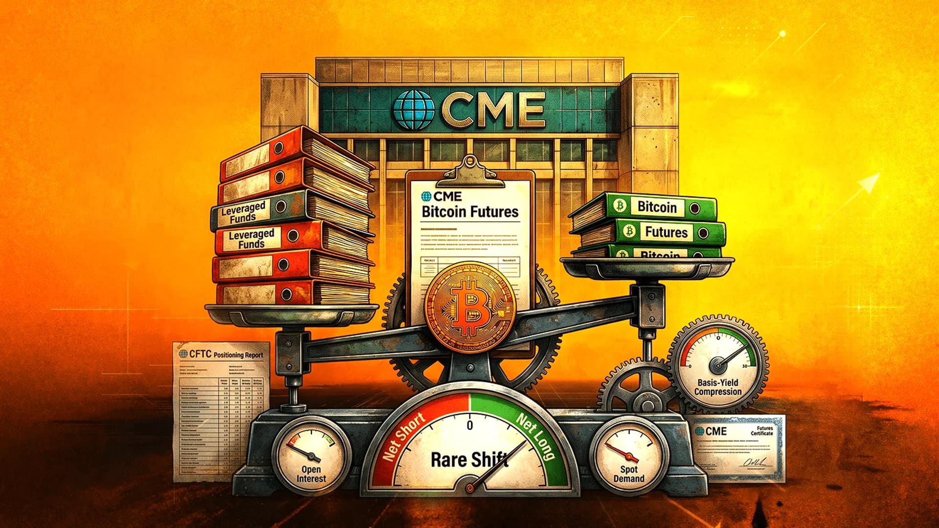 Illustration of a mechanical scale balancing binders labeled Leveraged Funds and Bitcoin Futures under a CME building.