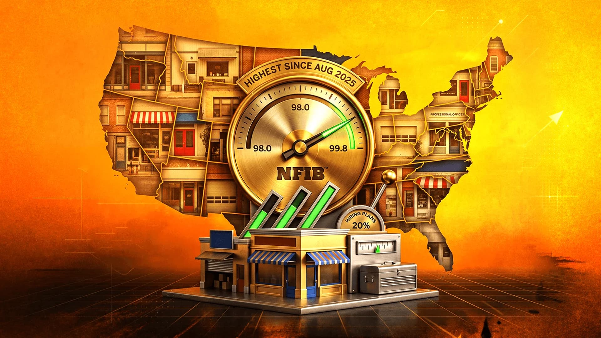 Gold NFIB gauge over a USA map filled with storefronts, with rising bar charts and a miniature shop model.