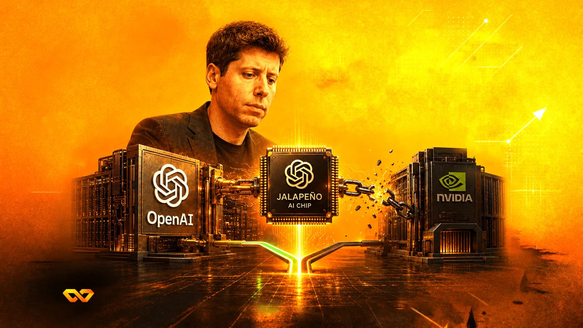 Sam Altman looks at a Jalapeño AI chip breaking a chain connected to an NVIDIA server rack.