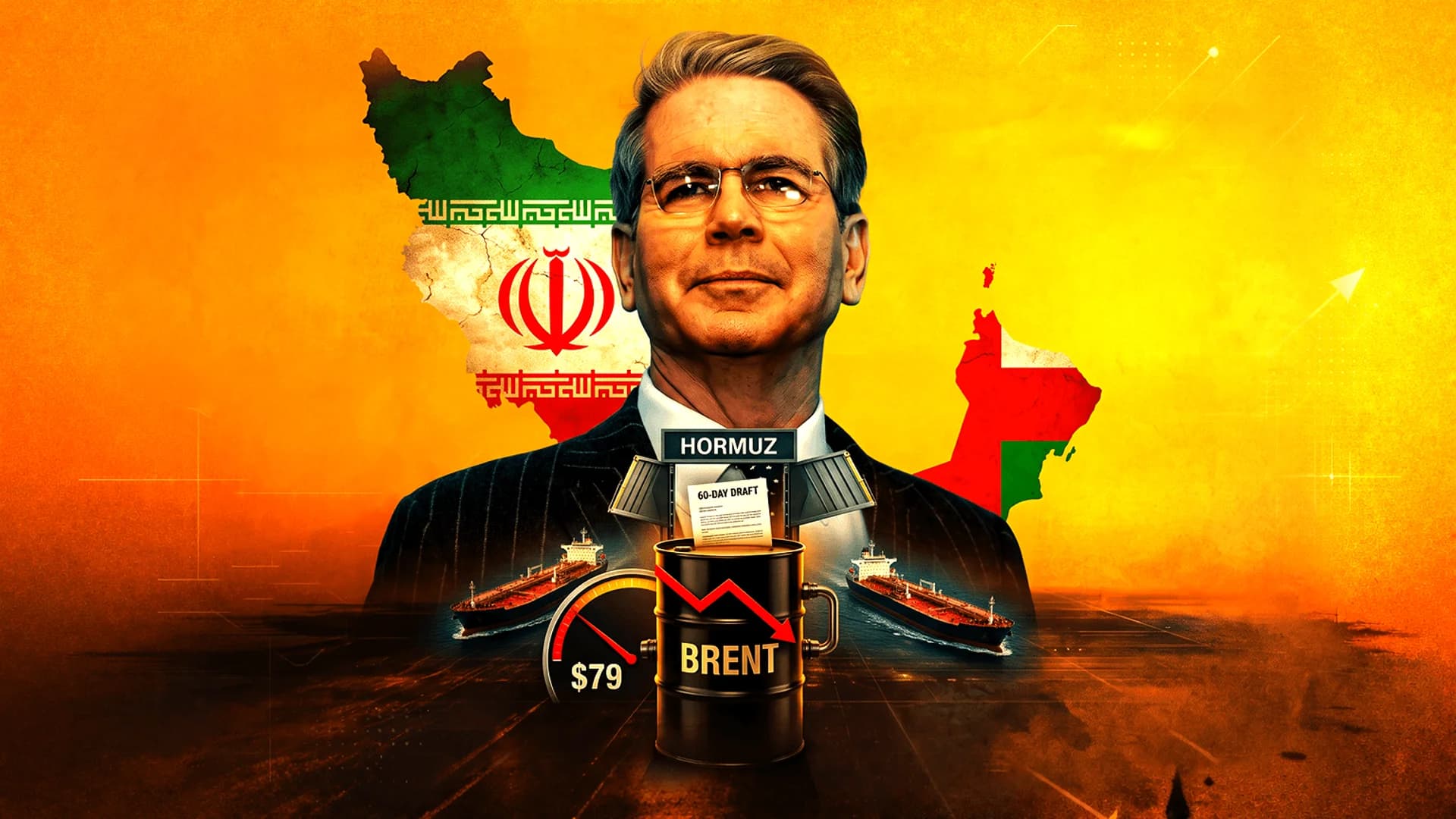Collage featuring a man's portrait, map of Iran, oil tankers, and a Brent oil barrel with a downward red arrow.