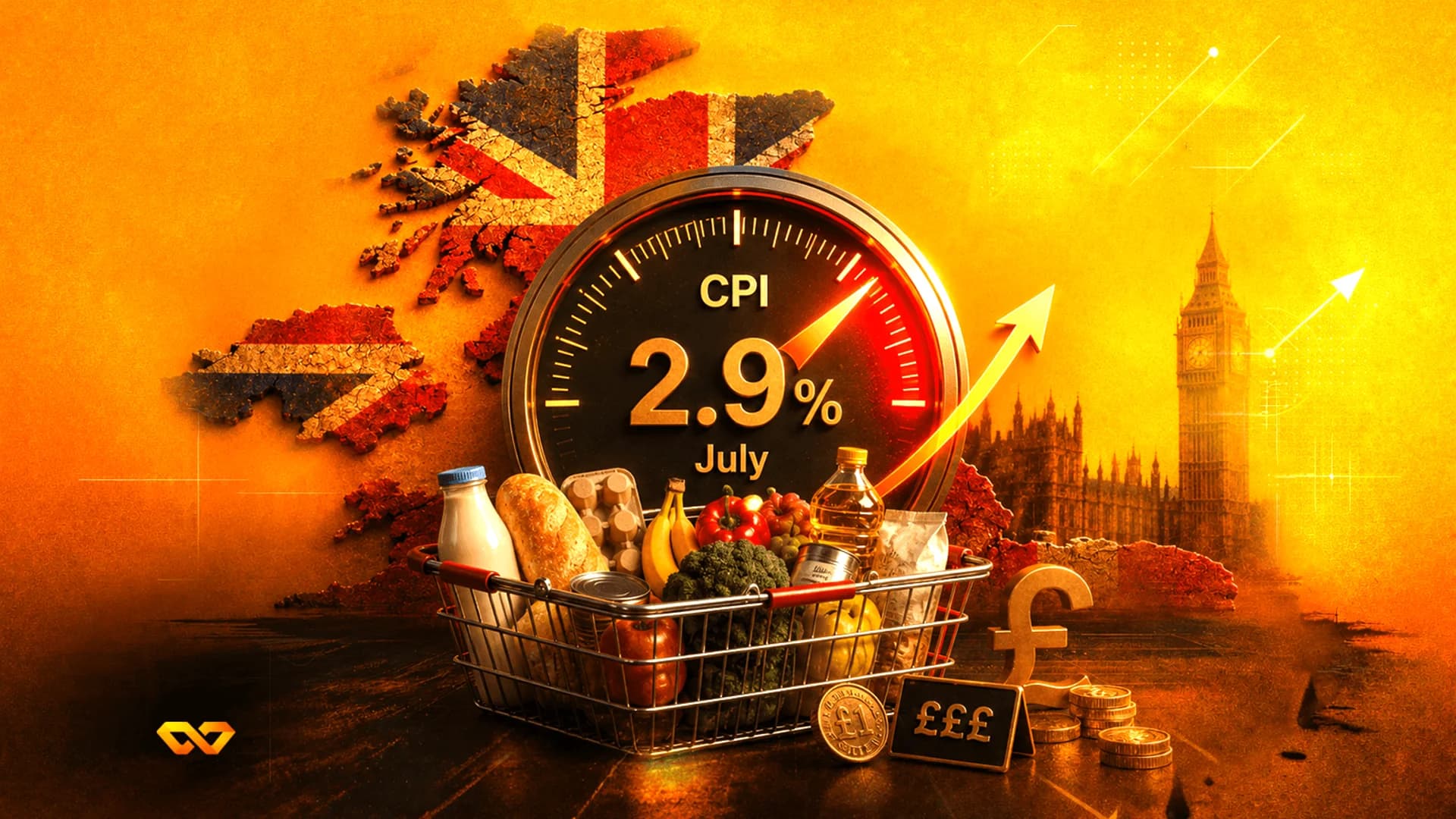 A gauge showing 2.9% CPI above a grocery basket, with a Union Jack map and Big Ben in a warm orange setting.