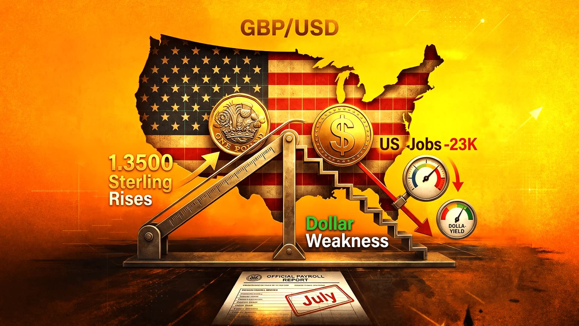 رسم توضيحي لزوج GBP/USD مع خريطة علم أمريكا وعملات معدنية وبيانات تقرير الرواتب لشهر يوليو على خلفية صفراء.