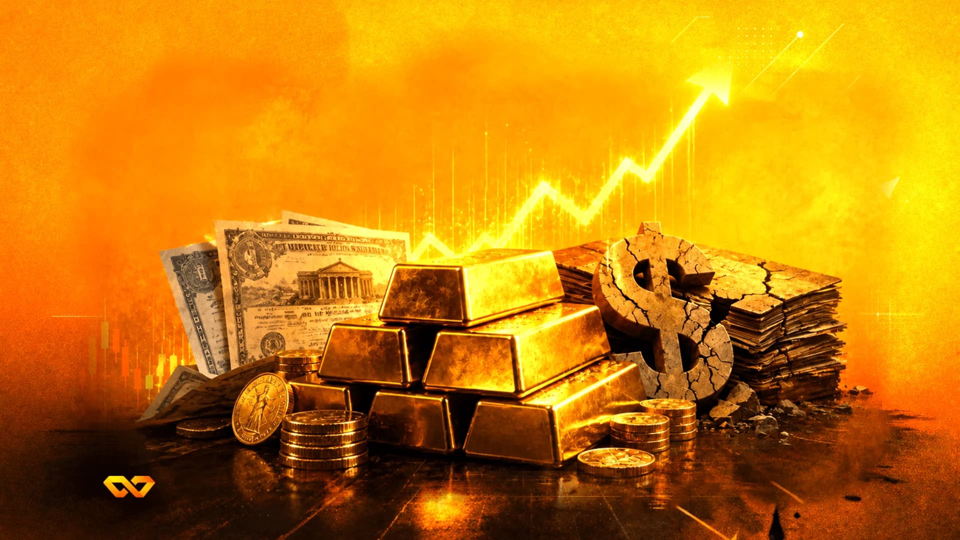 سبائك وعملات ذهبية بجانب علامة دولار حجرية متصدعة وأوراق نقدية قديمة مع رسم بياني صاعد في الخلفية.