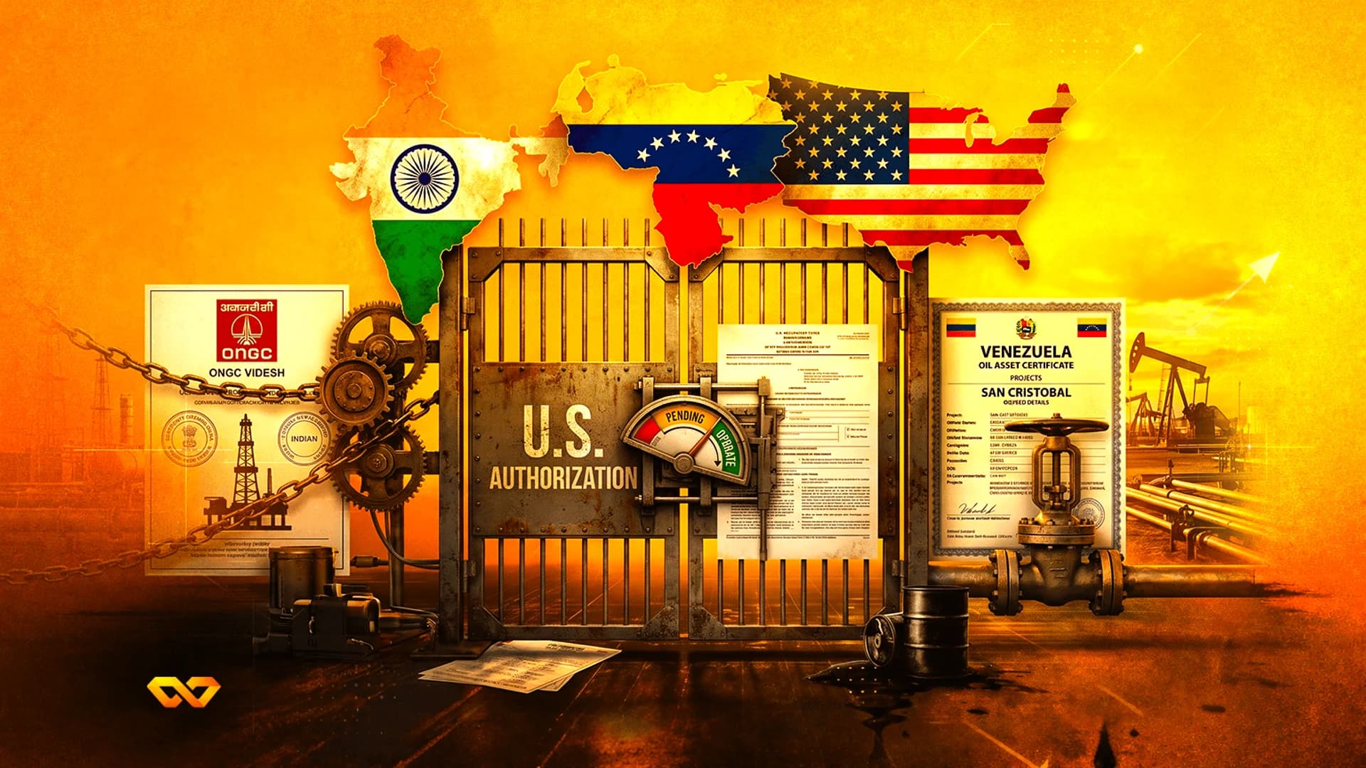 Illustration of a gate labeled U.S. Authorization between maps of India, Venezuela, and USA with oil infrastructure.