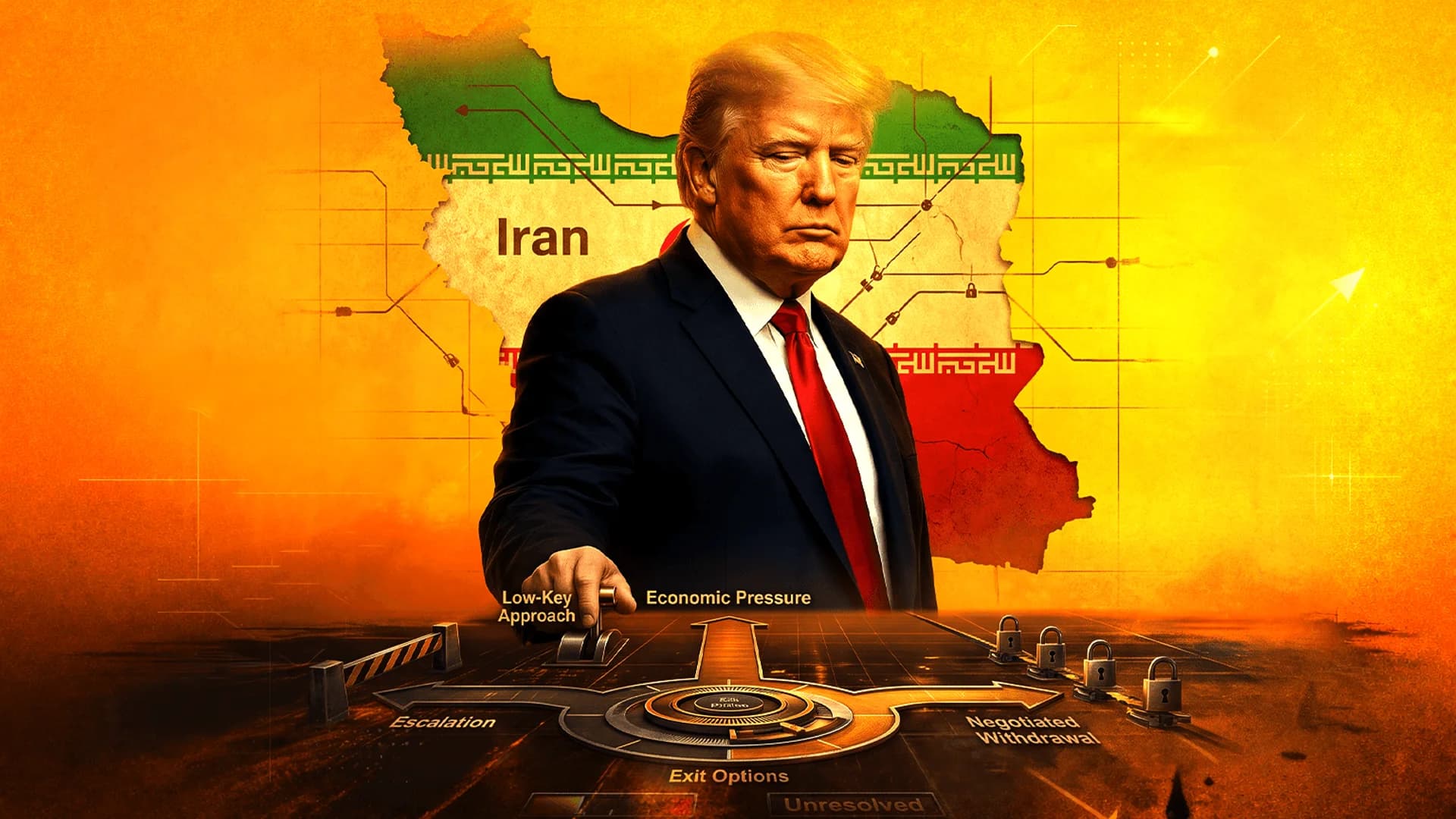 Illustration of Donald Trump at a control panel with geopolitical options, set against a map of Iran.