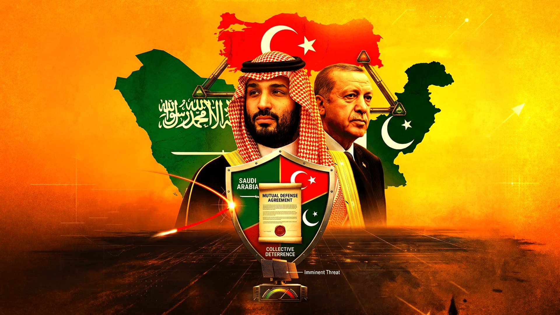 Portraits of MBS and Erdogan over maps and flags of Saudi Arabia, Turkey, and Pakistan with a central defense shield.
