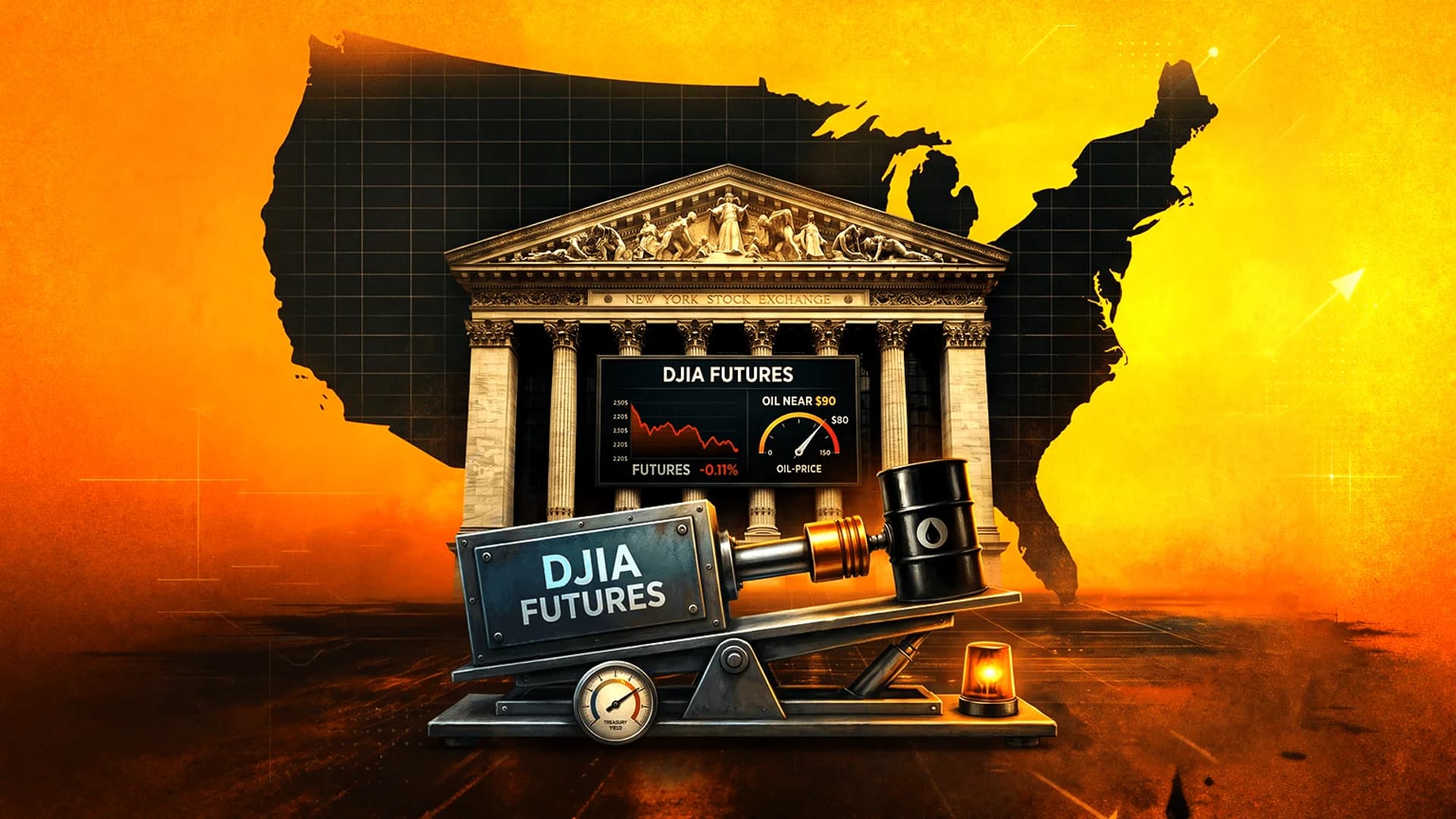 Illustration of the NYSE building, a US map, DJIA futures chart, and an oil barrel on a mechanical lever.