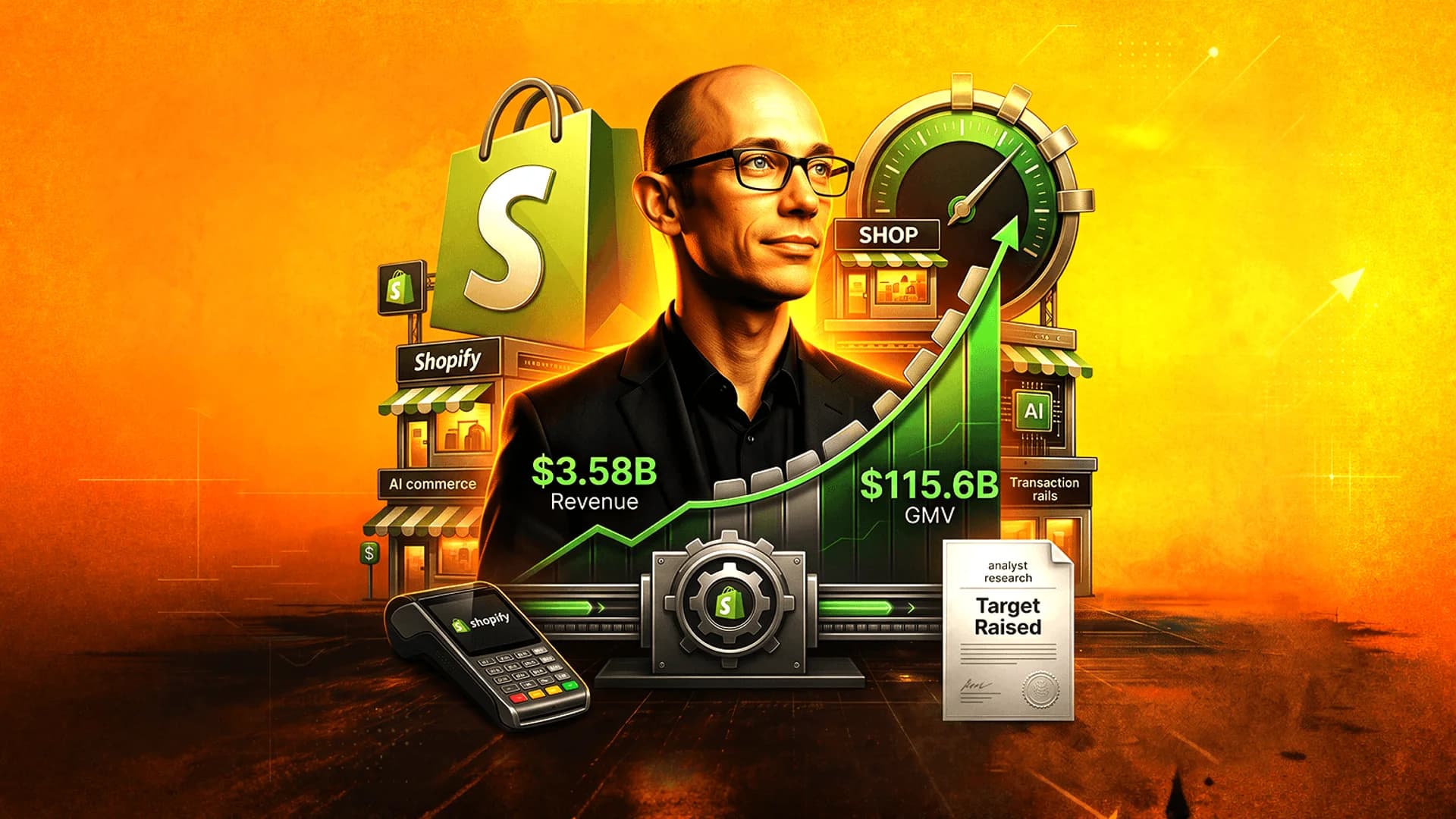 Digital collage of a man, Shopify logos, a green growth chart, and financial figures on an orange background.